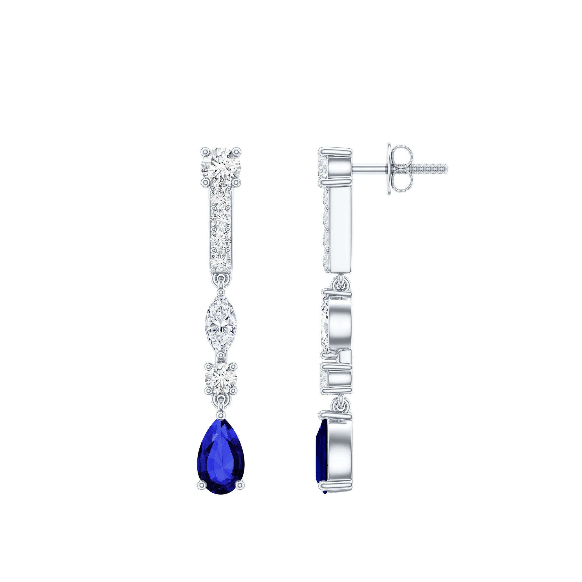 Pear Cut Created Blue Sapphire and Moissanite Long Dangle Earrings