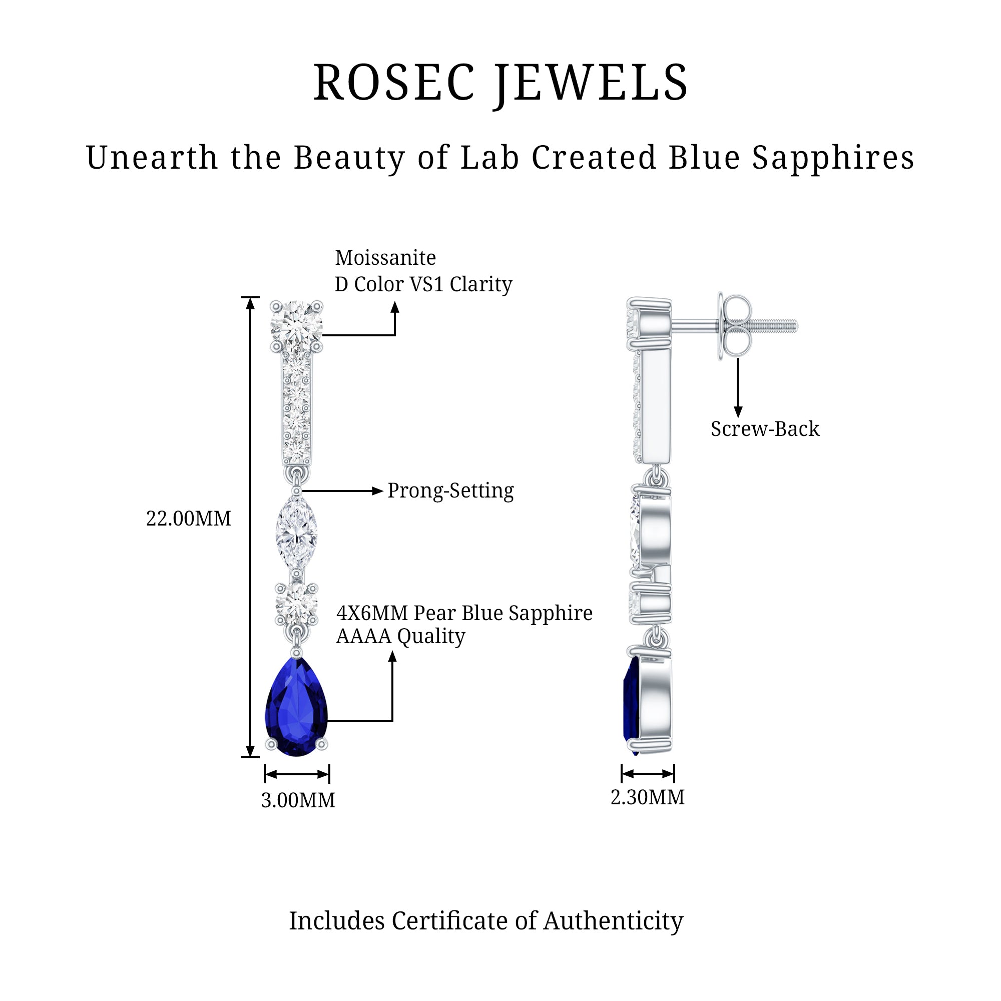Pear Cut Created Blue Sapphire and Moissanite Long Dangle Earrings AAAA - Rosec Jewels
