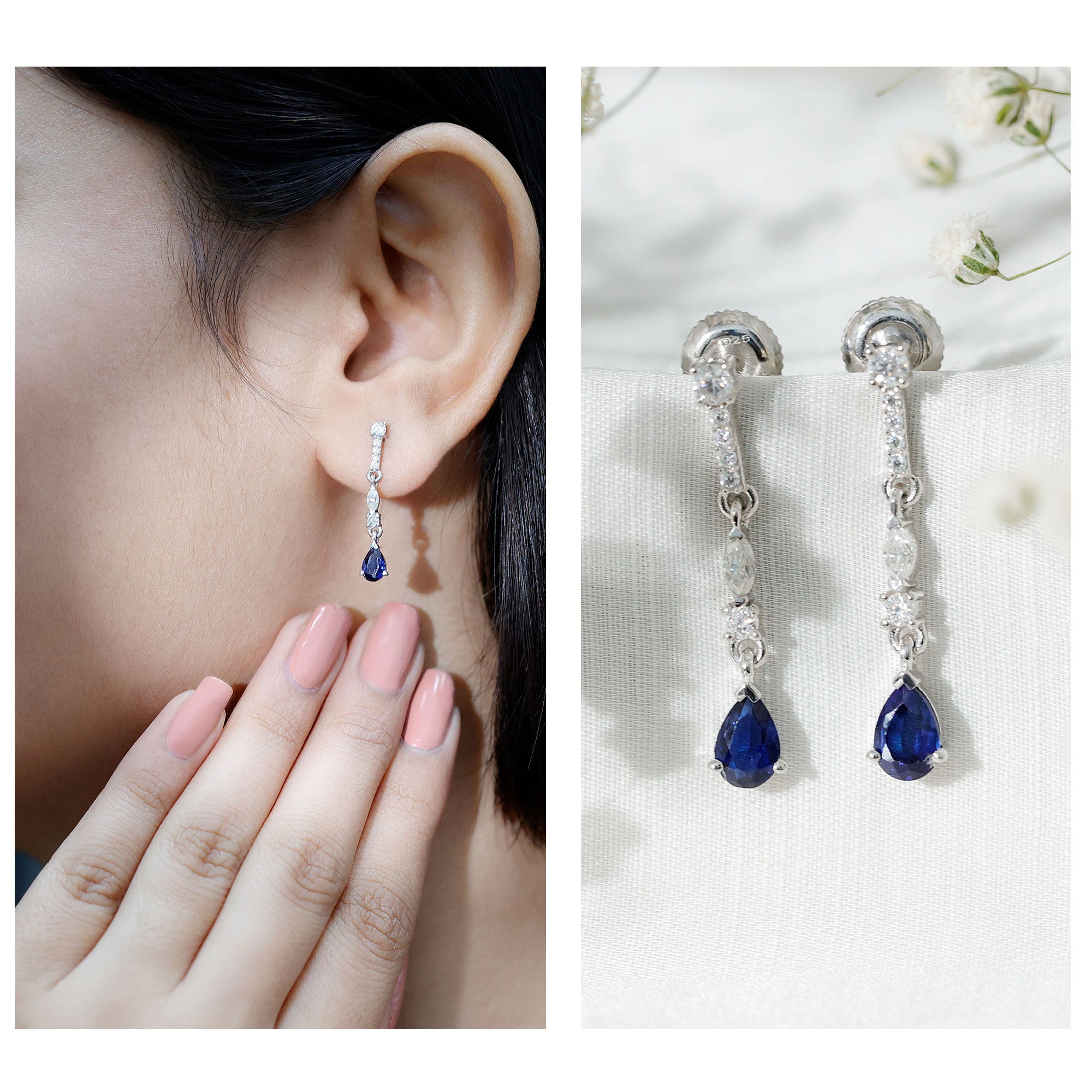 Womens Lab Grown Blue Sapphire Drop Dangle Earrings with Certificate AAAA 92.5 Sterling Silver - Rosec Jewels