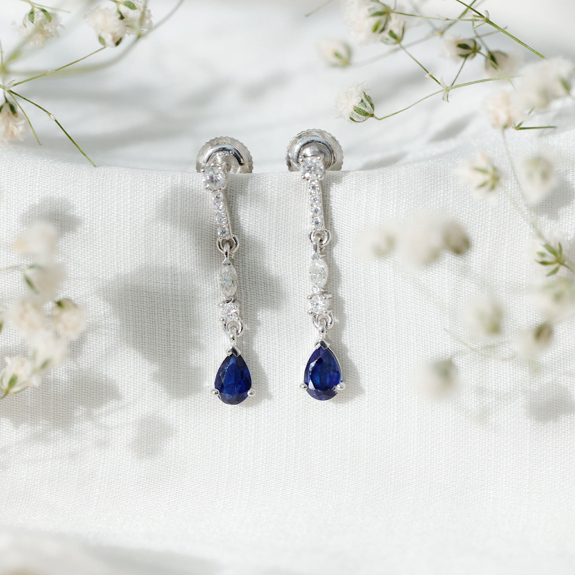 Womens Lab Grown Blue Sapphire Drop Dangle Earrings with Certificate AAAA 92.5 Sterling Silver - Rosec Jewels