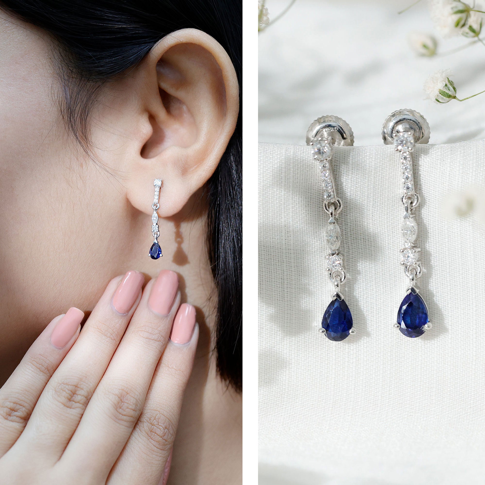 Pear Cut Created Blue Sapphire and Moissanite Long Dangle Earrings AAAA - Rosec Jewels
