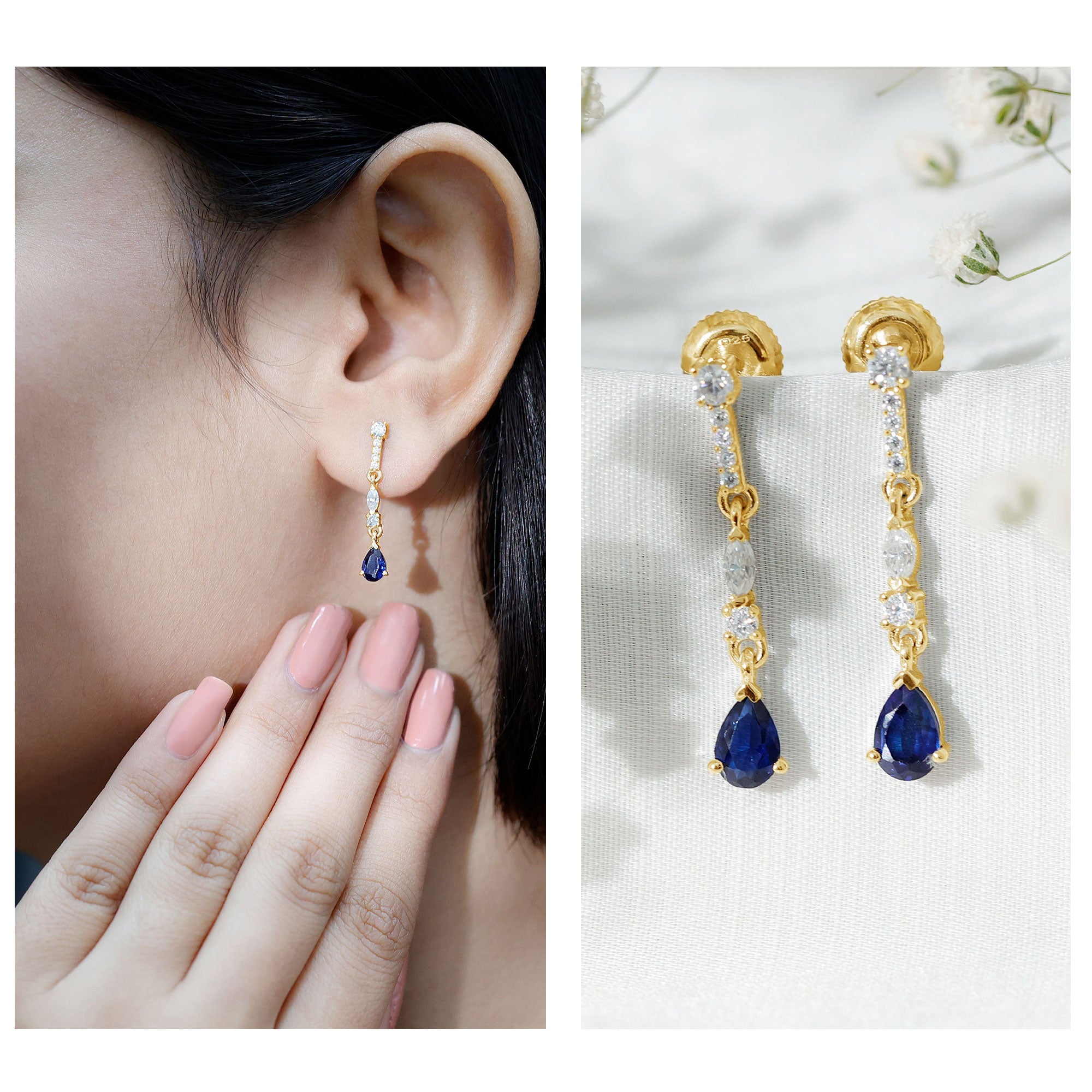 Pear Cut Created Blue Sapphire and Moissanite Long Dangle Earrings AAAA - Rosec Jewels