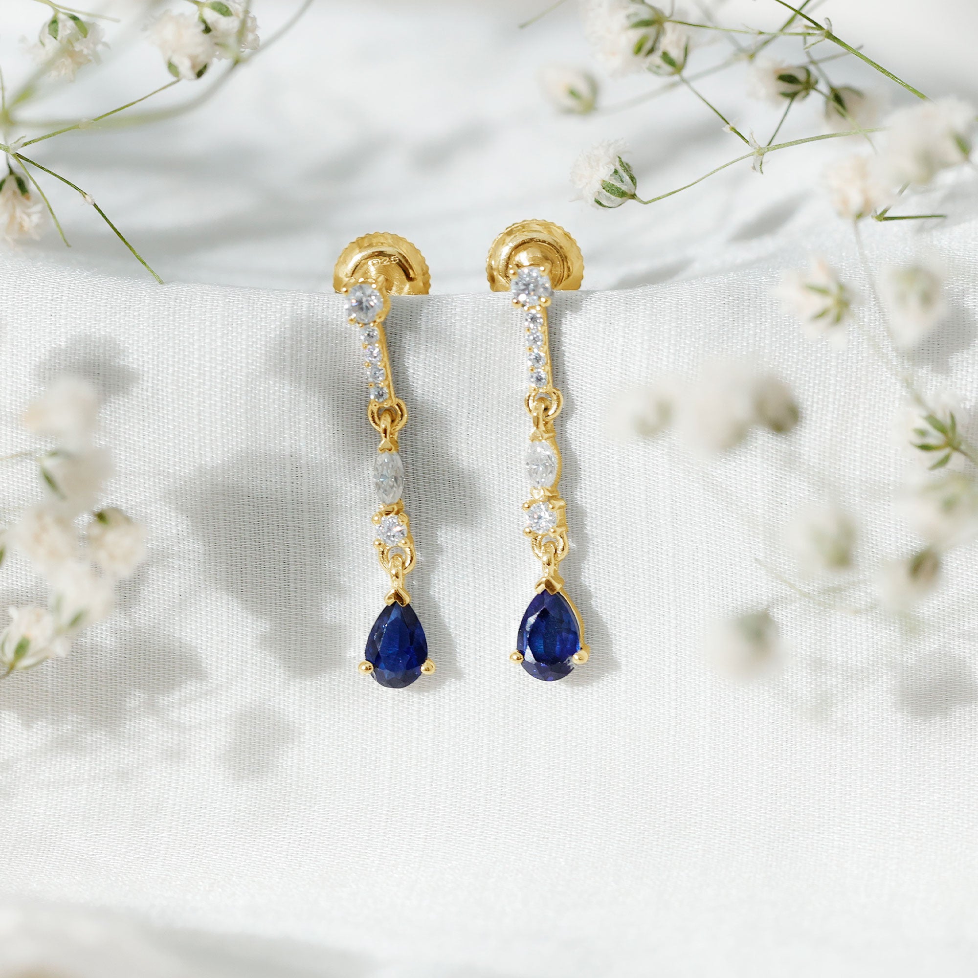 Pear Cut Created Blue Sapphire and Moissanite Long Dangle Earrings AAAA - Rosec Jewels