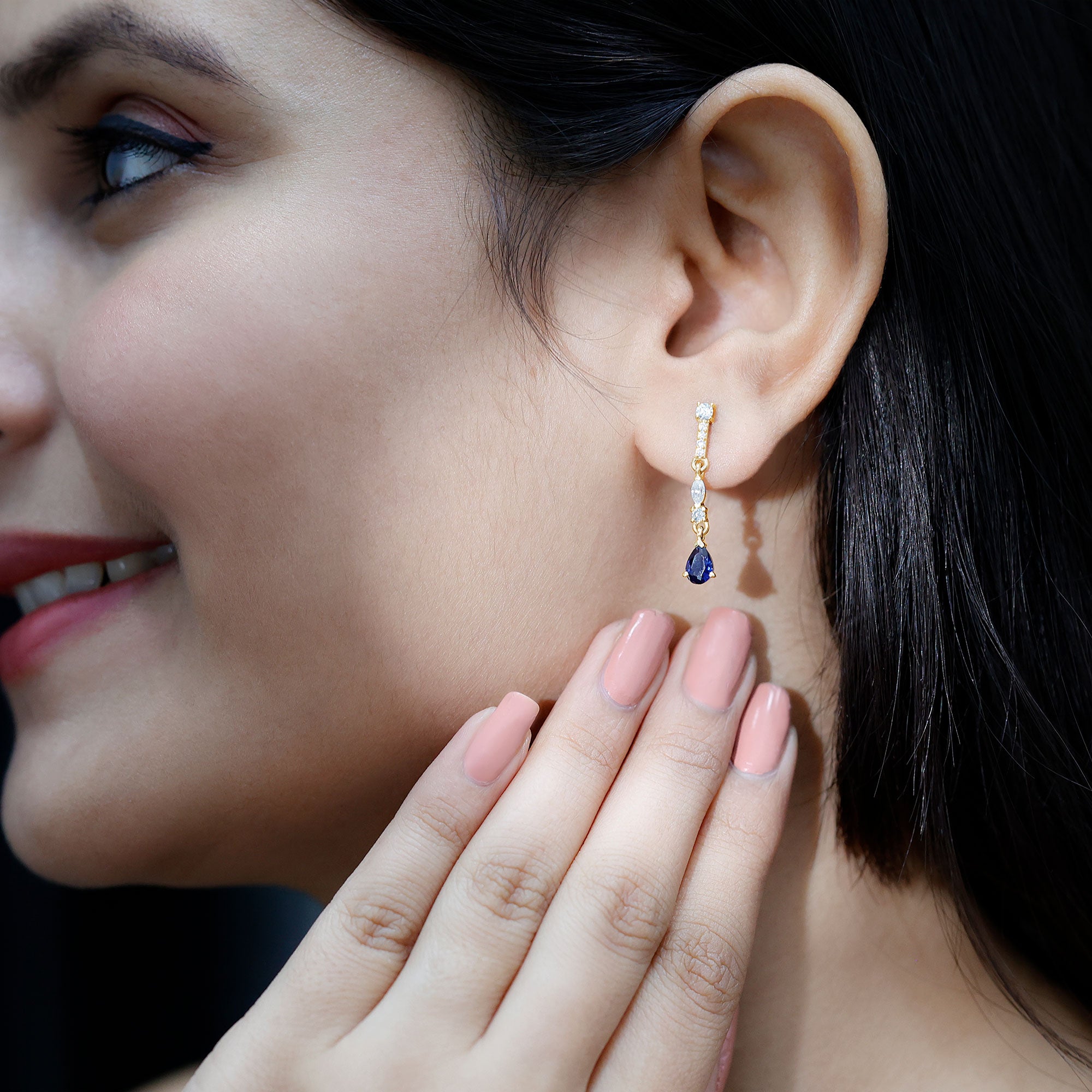 Pear Cut Created Blue Sapphire and Moissanite Long Dangle Earrings AAAA - Rosec Jewels