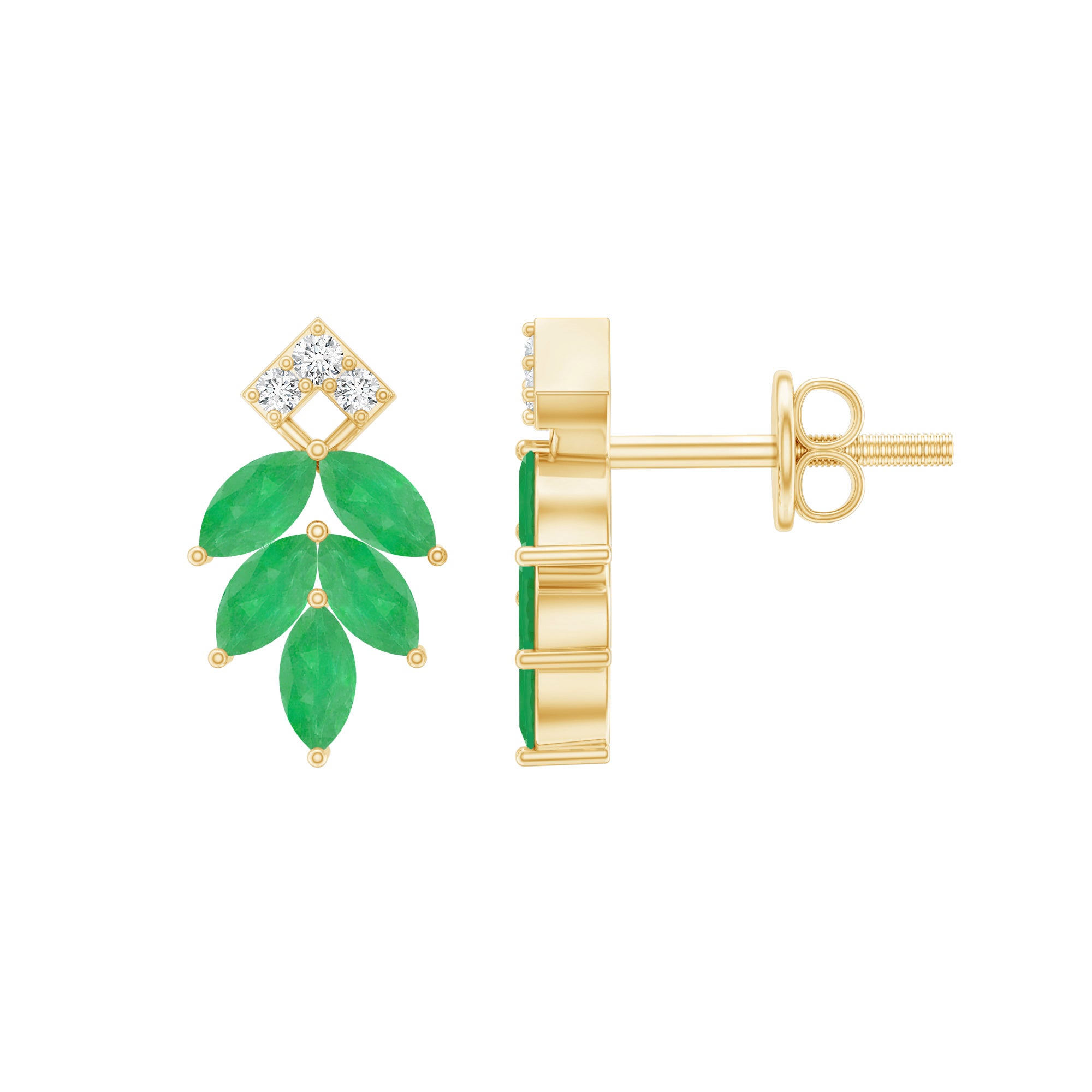 Real Emerald Leaf Stud Earrings with Moissanite AAA - Rosec Jewels