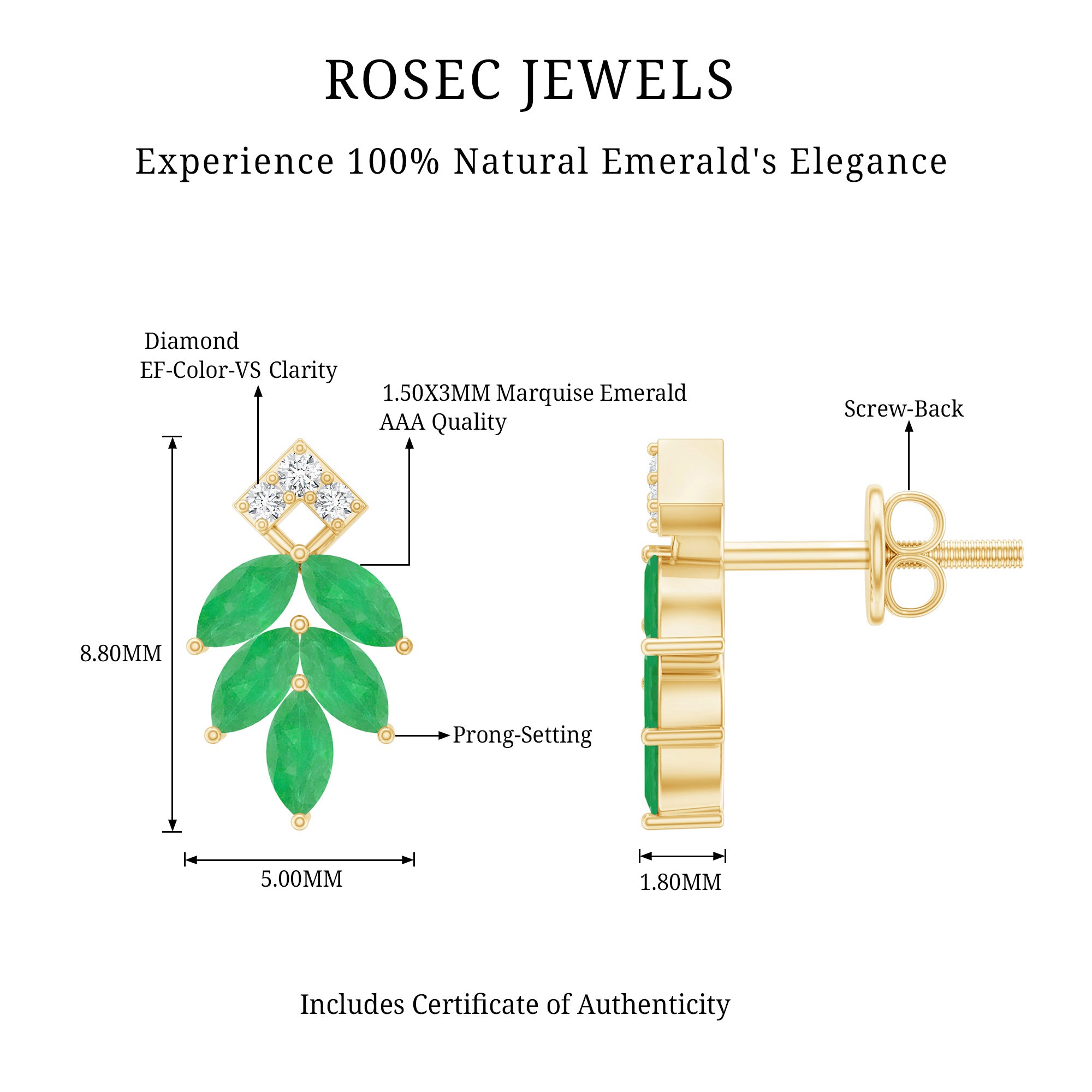 Real Emerald Leaf Stud Earrings with Moissanite AAA - Rosec Jewels