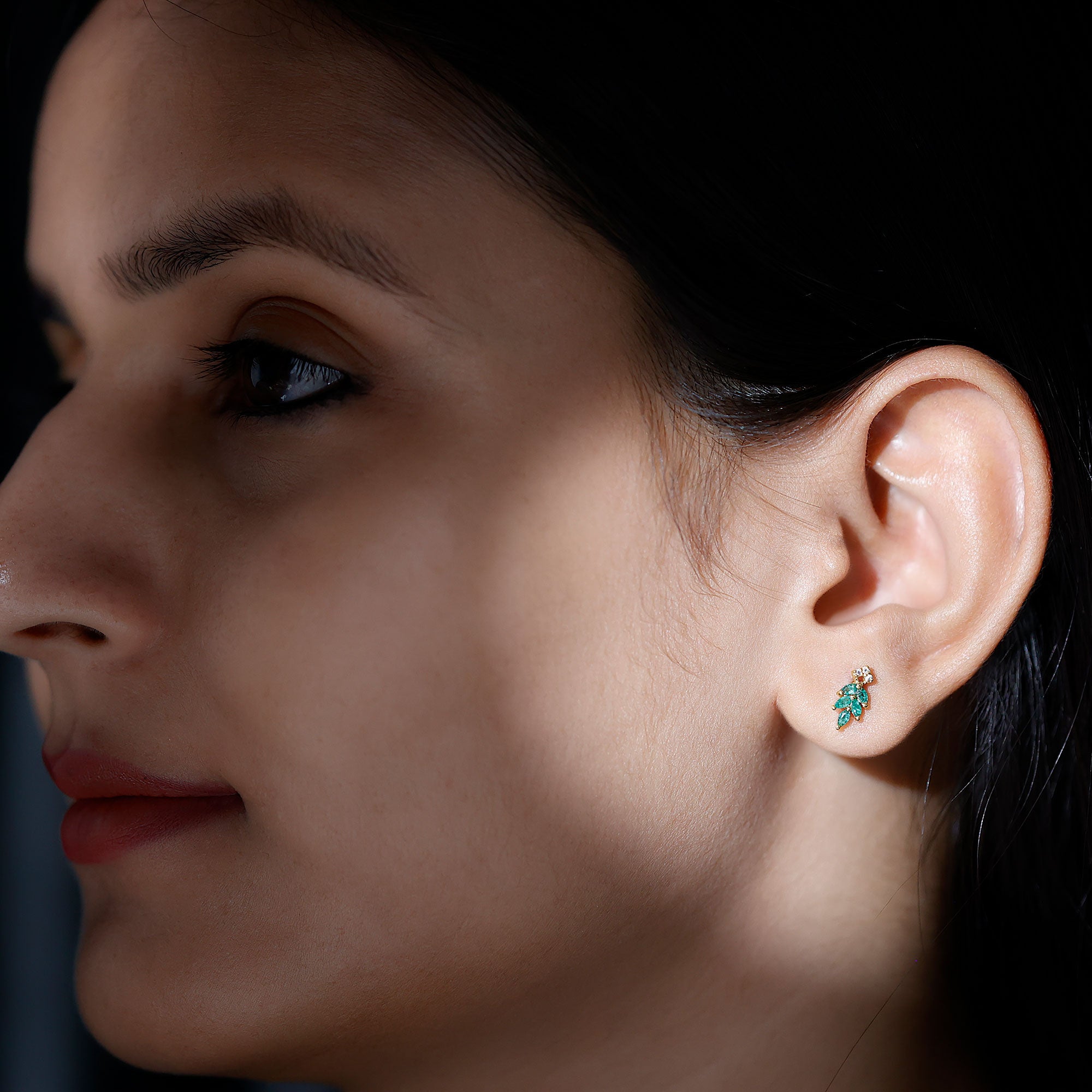 Real Emerald Leaf Stud Earrings with Moissanite AAA - Rosec Jewels