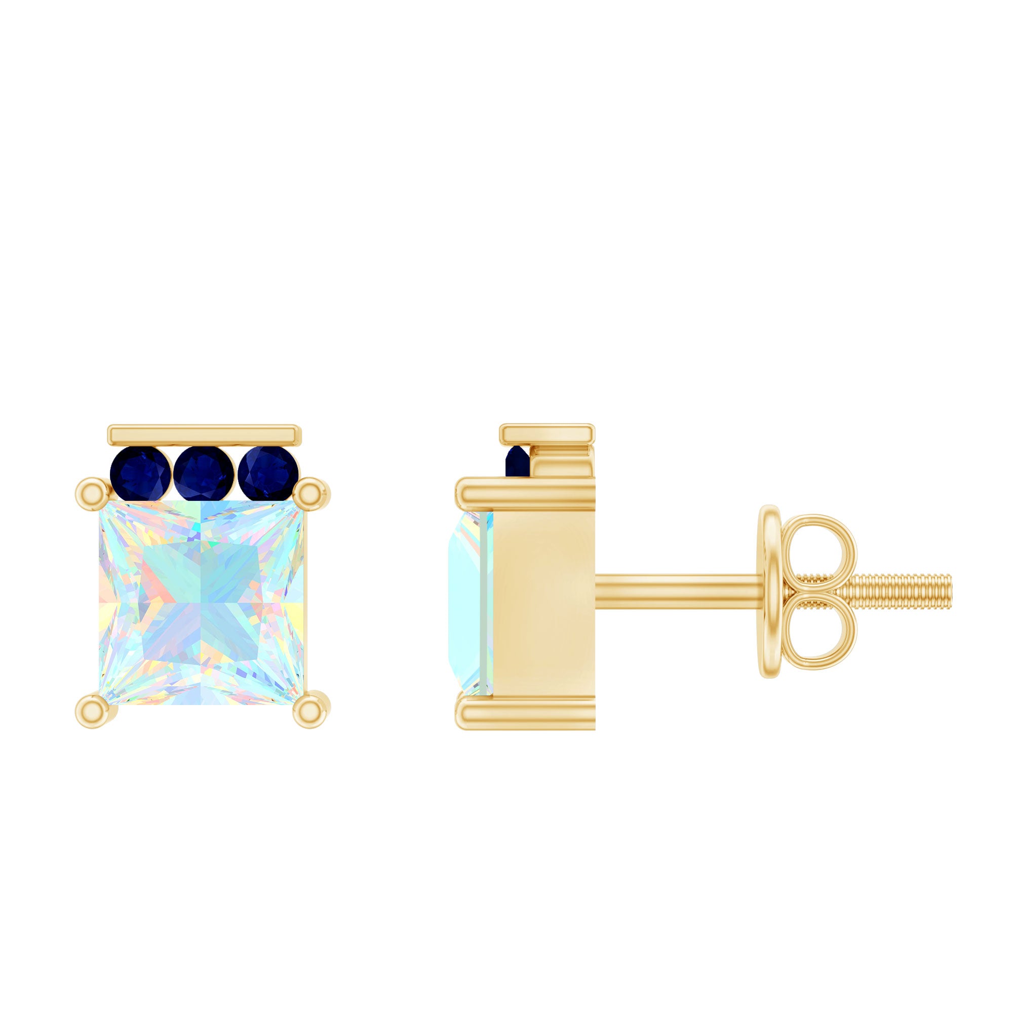 Princess Cut Ethiopian Opal Stud Earrings with Blue Sapphire Trio AAA - Rosec Jewels