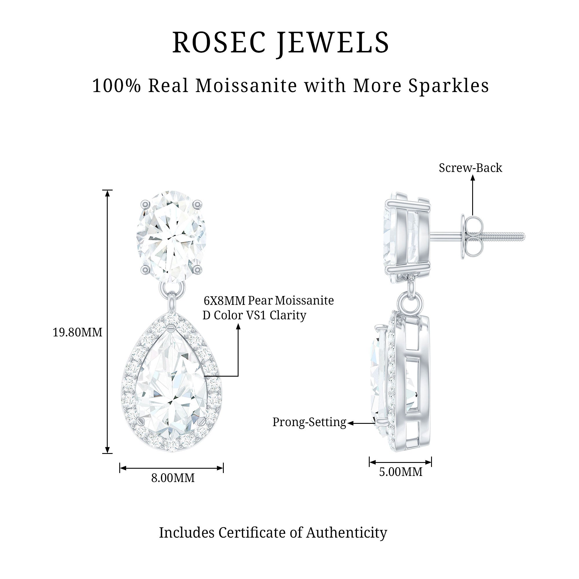 Certified Moissanite Teardrop Bridal Earrings D-VS1 - Rosec Jewels