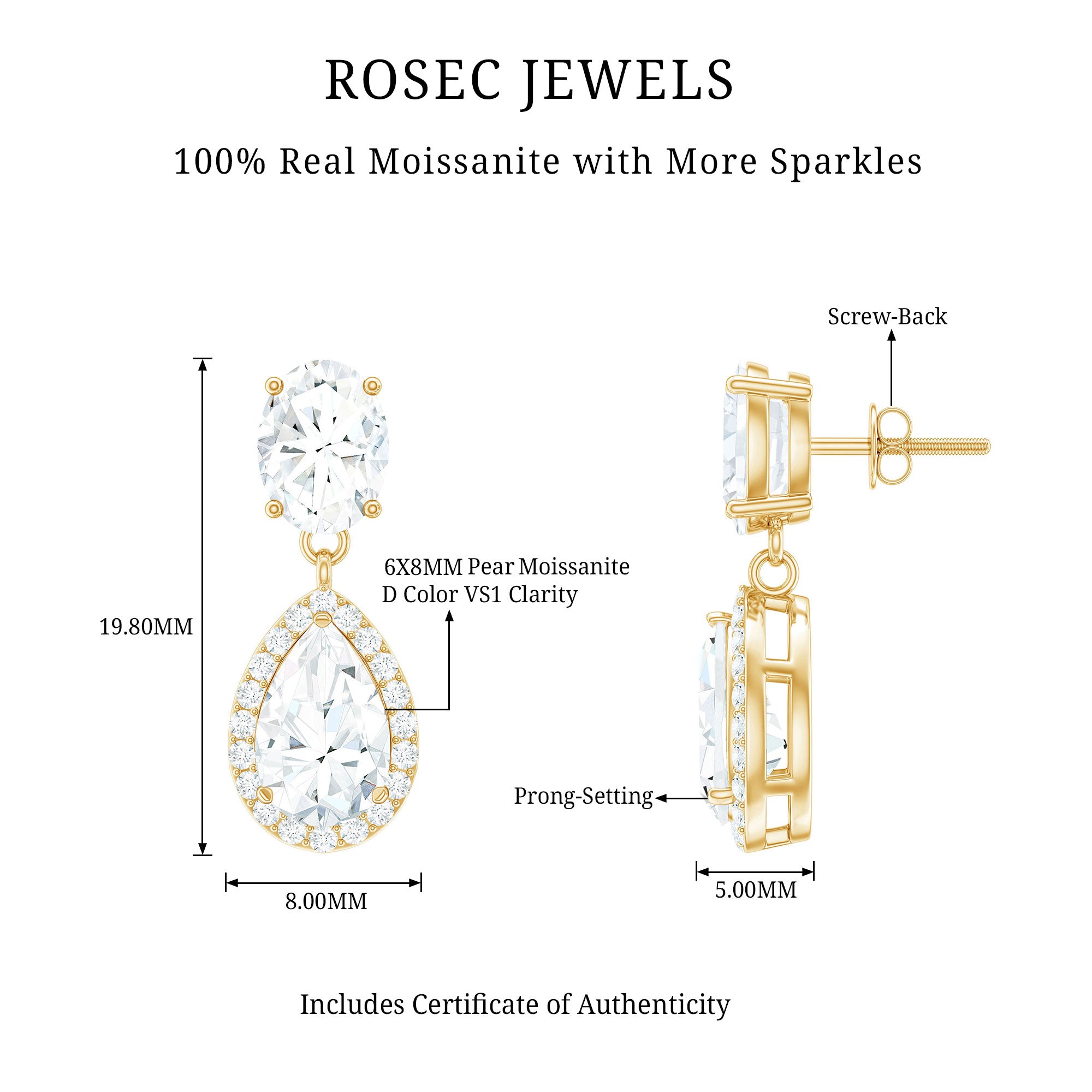 Certified Moissanite Teardrop Bridal Earrings D-VS1 - Rosec Jewels