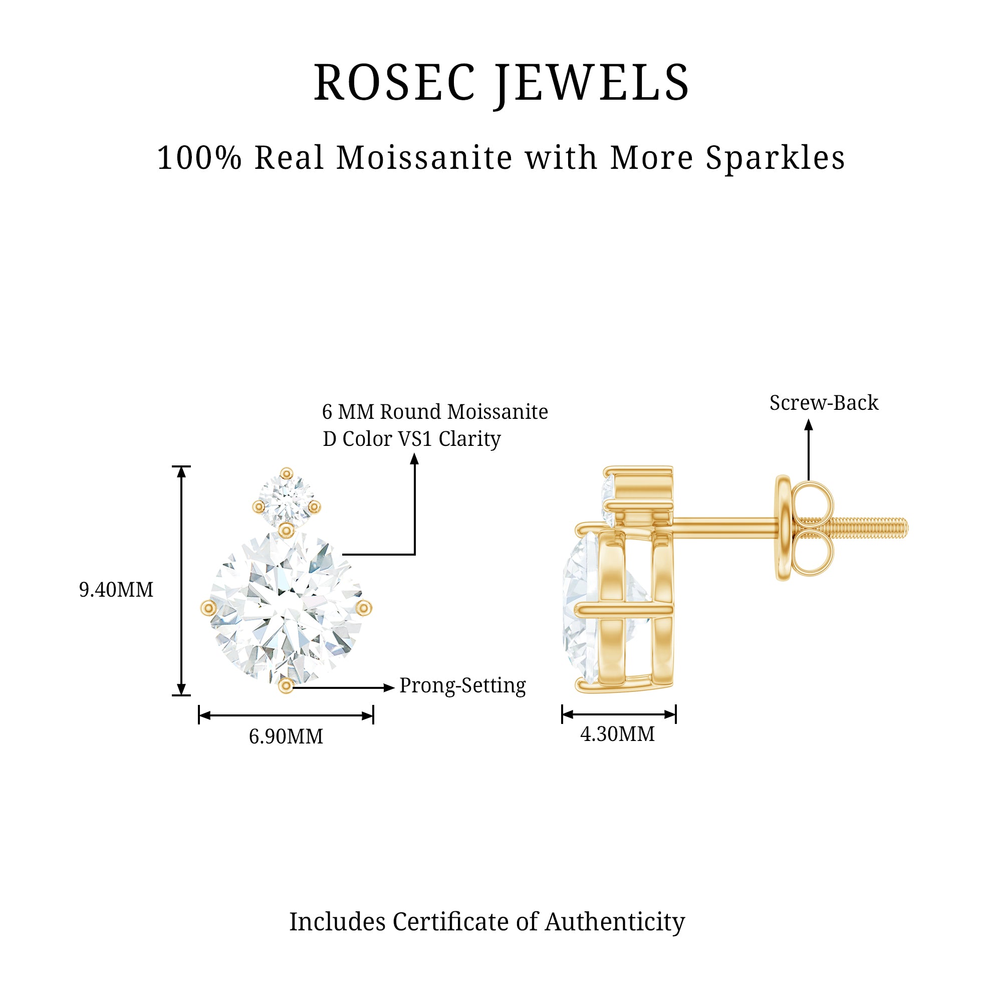 Simple Round Moissanite Stud Earrings D-VS1 - Rosec Jewels