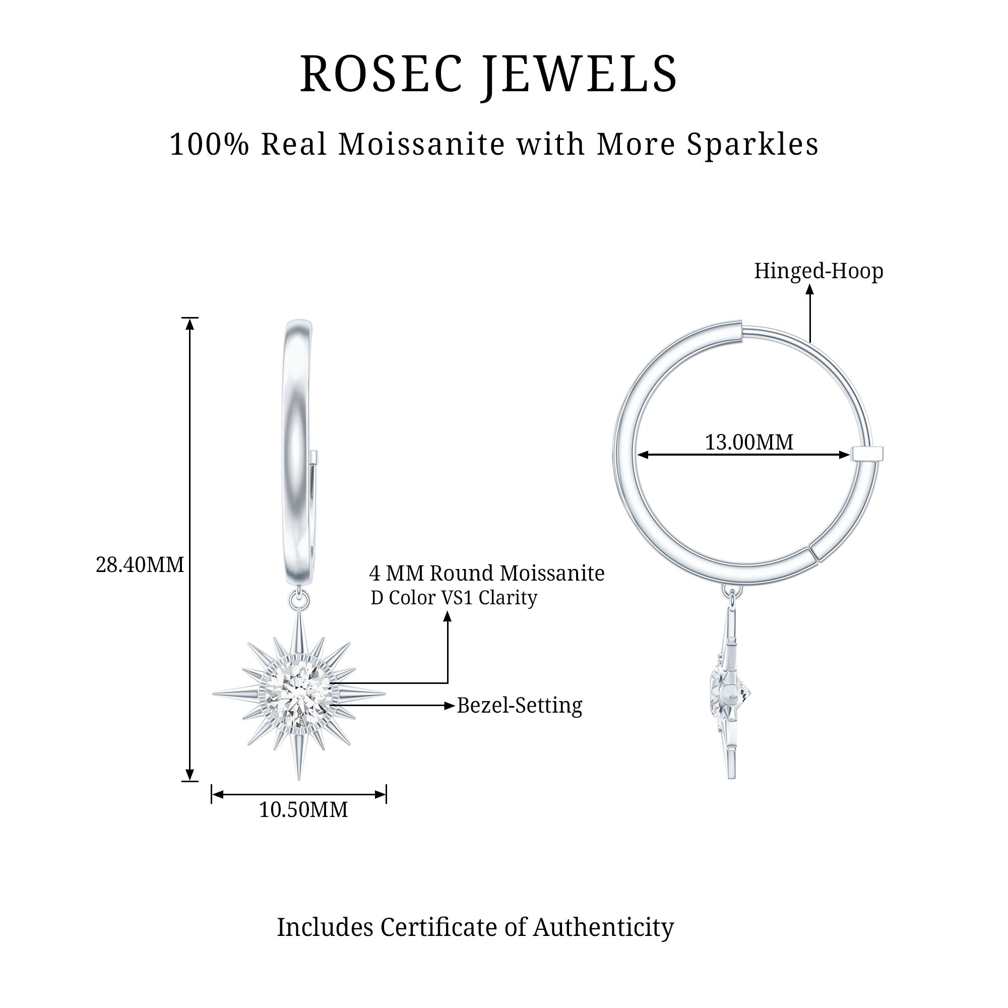 Bezel Set Round Moissanite Sunburst Hoop Drop Earrings D-VS1 - Rosec Jewels