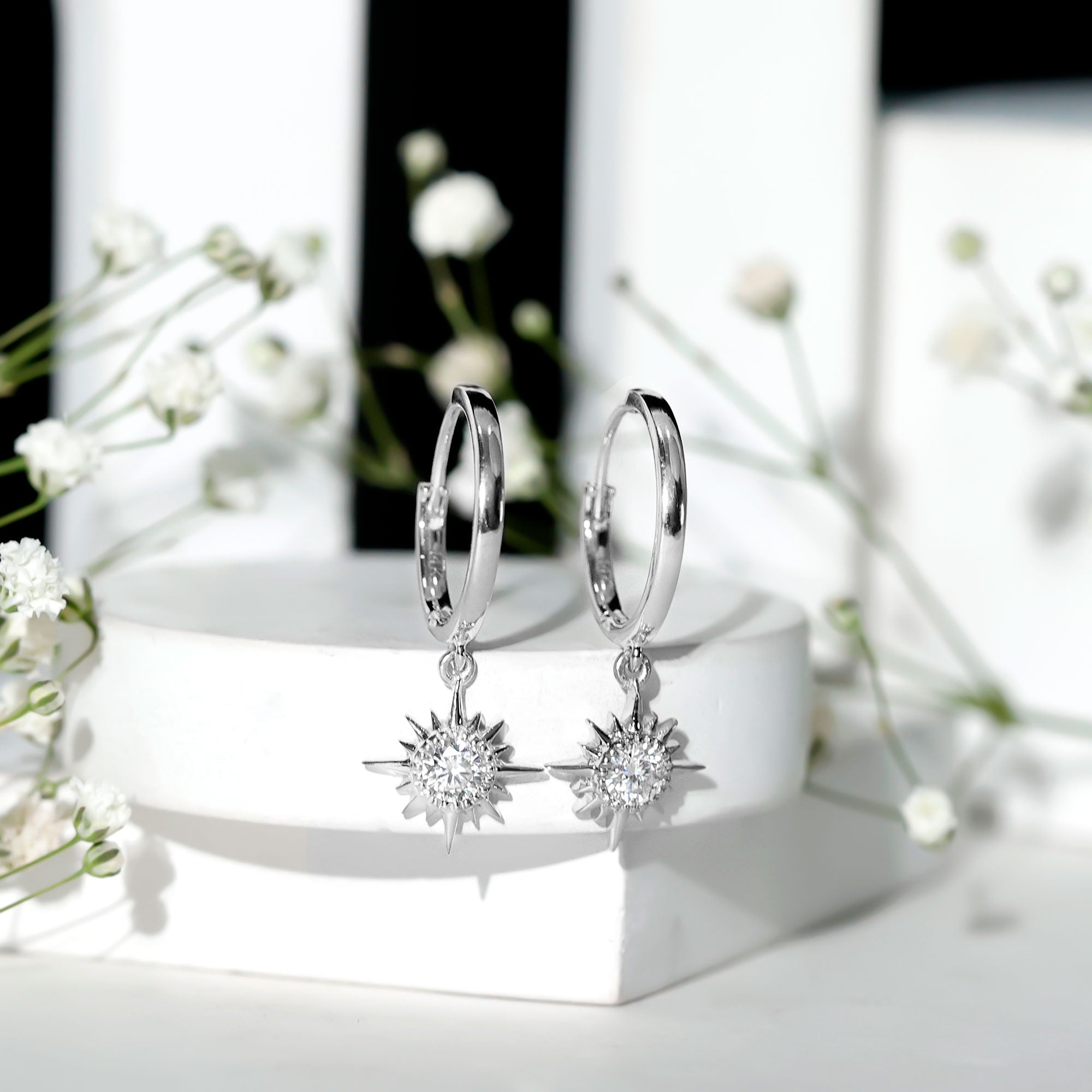 Bezel Set Round Moissanite Sunburst Hoop Drop Earrings D-VS1 - Rosec Jewels