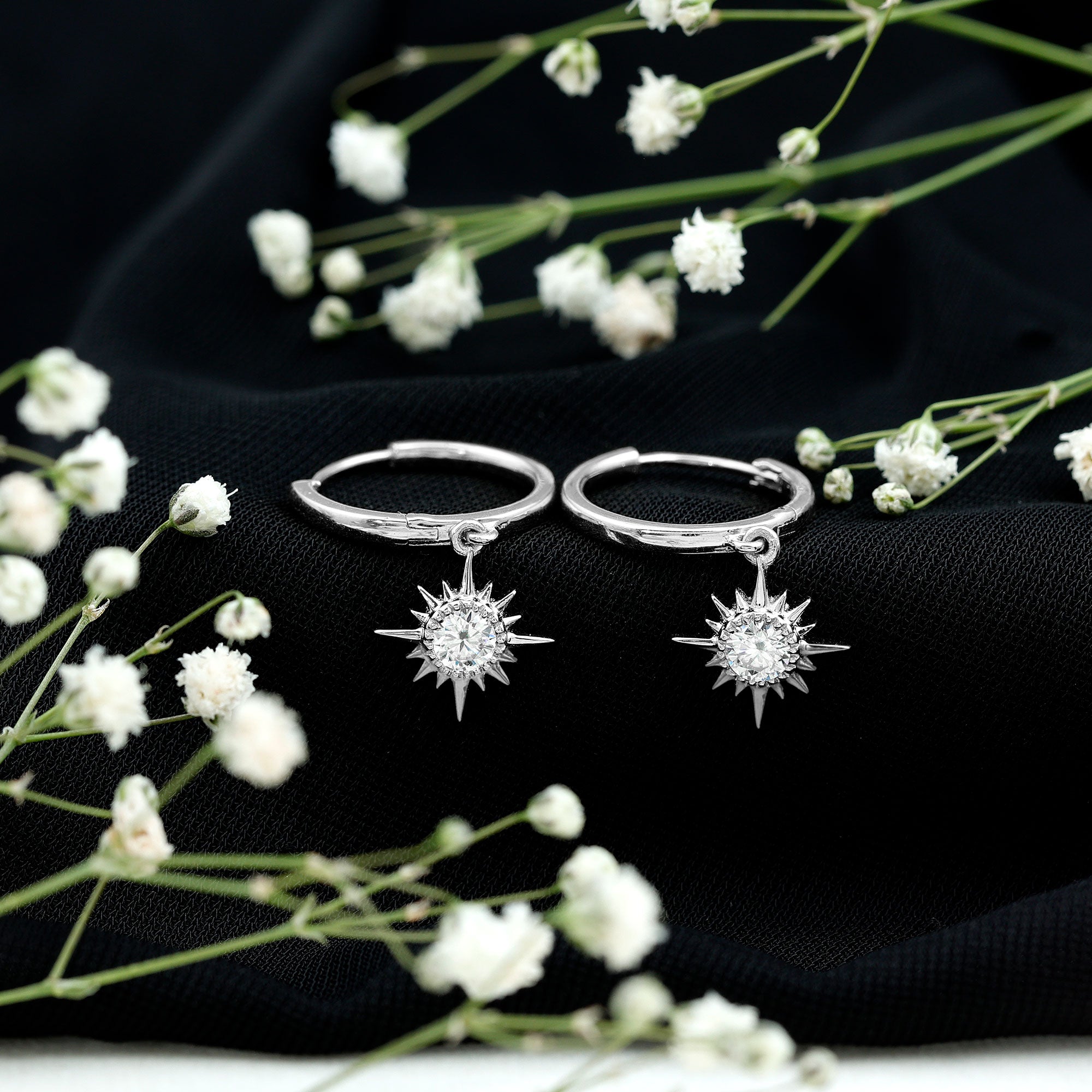 Bezel Set Round Moissanite Sunburst Hoop Drop Earrings D-VS1 - Rosec Jewels