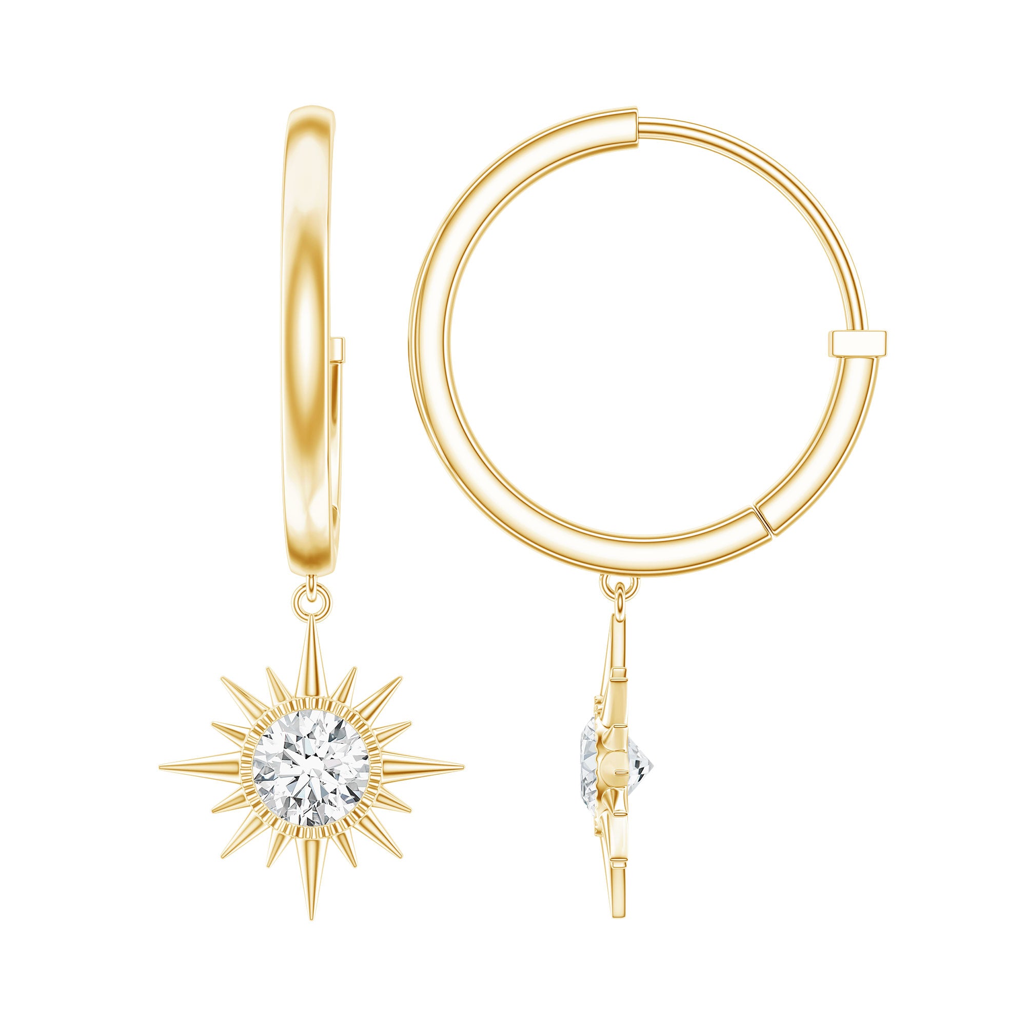 Bezel Set Round Moissanite Sunburst Hoop Drop Earrings D-VS1 - Rosec Jewels