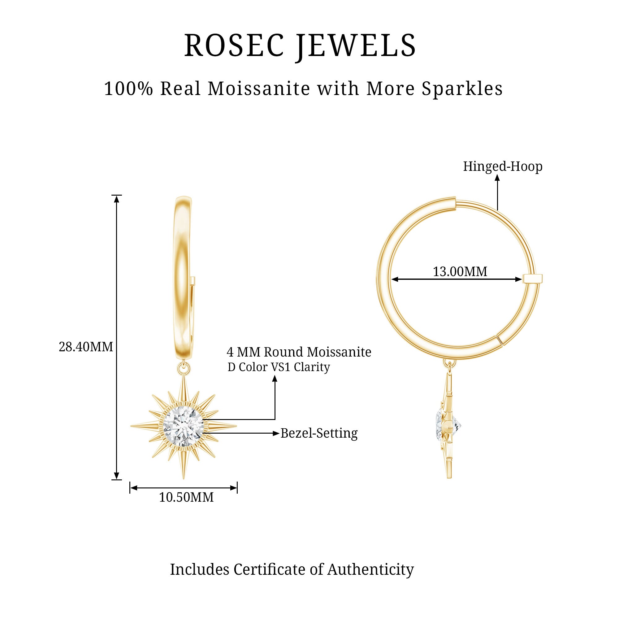 Bezel Set Round Moissanite Sunburst Hoop Drop Earrings D-VS1 - Rosec Jewels