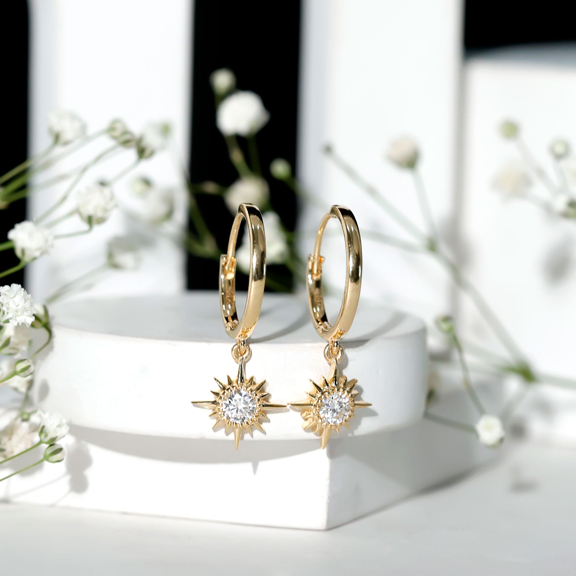 Bezel Set Round Moissanite Sunburst Hoop Drop Earrings D-VS1 - Rosec Jewels