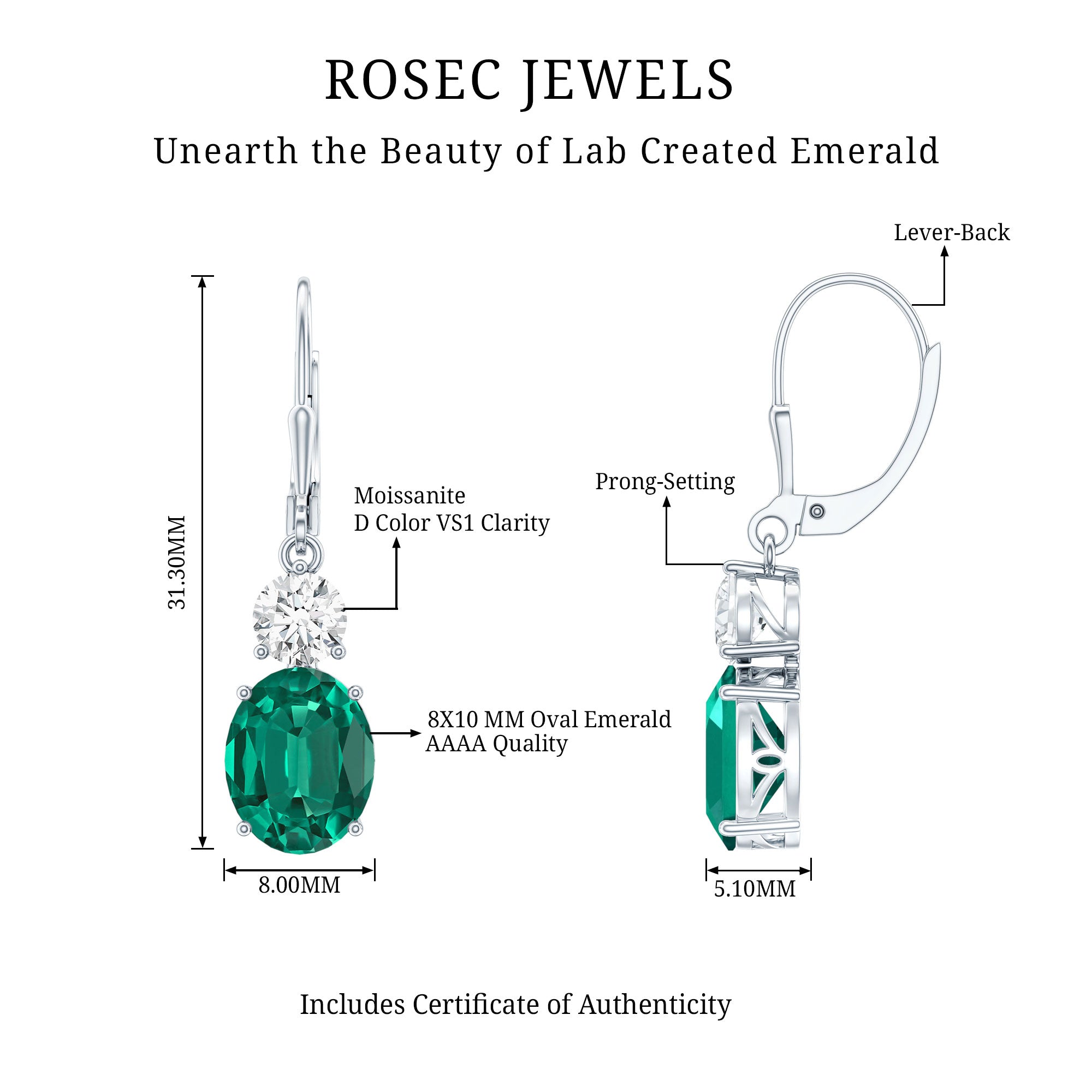 Certified 6 Carat Oval Cut Lab Grown Emerald Drop Hoop Earrings AAAA 92.5 Sterling Silver - Rosec Jewels