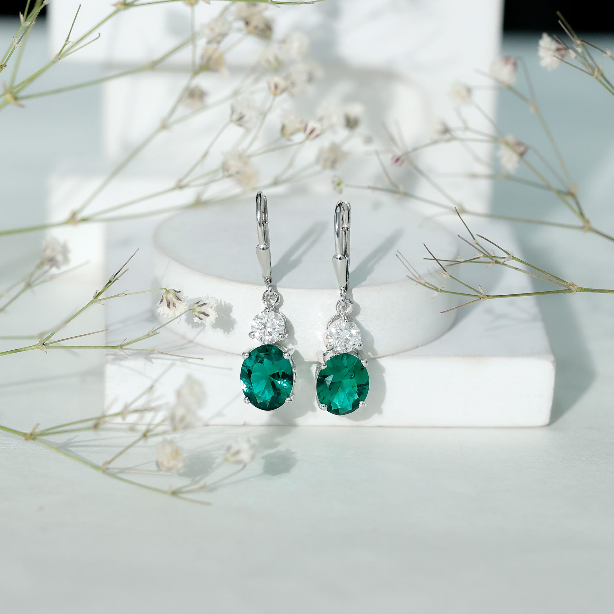 Certified 6 Carat Oval Cut Lab Grown Emerald Drop Hoop Earrings AAAA 92.5 Sterling Silver - Rosec Jewels