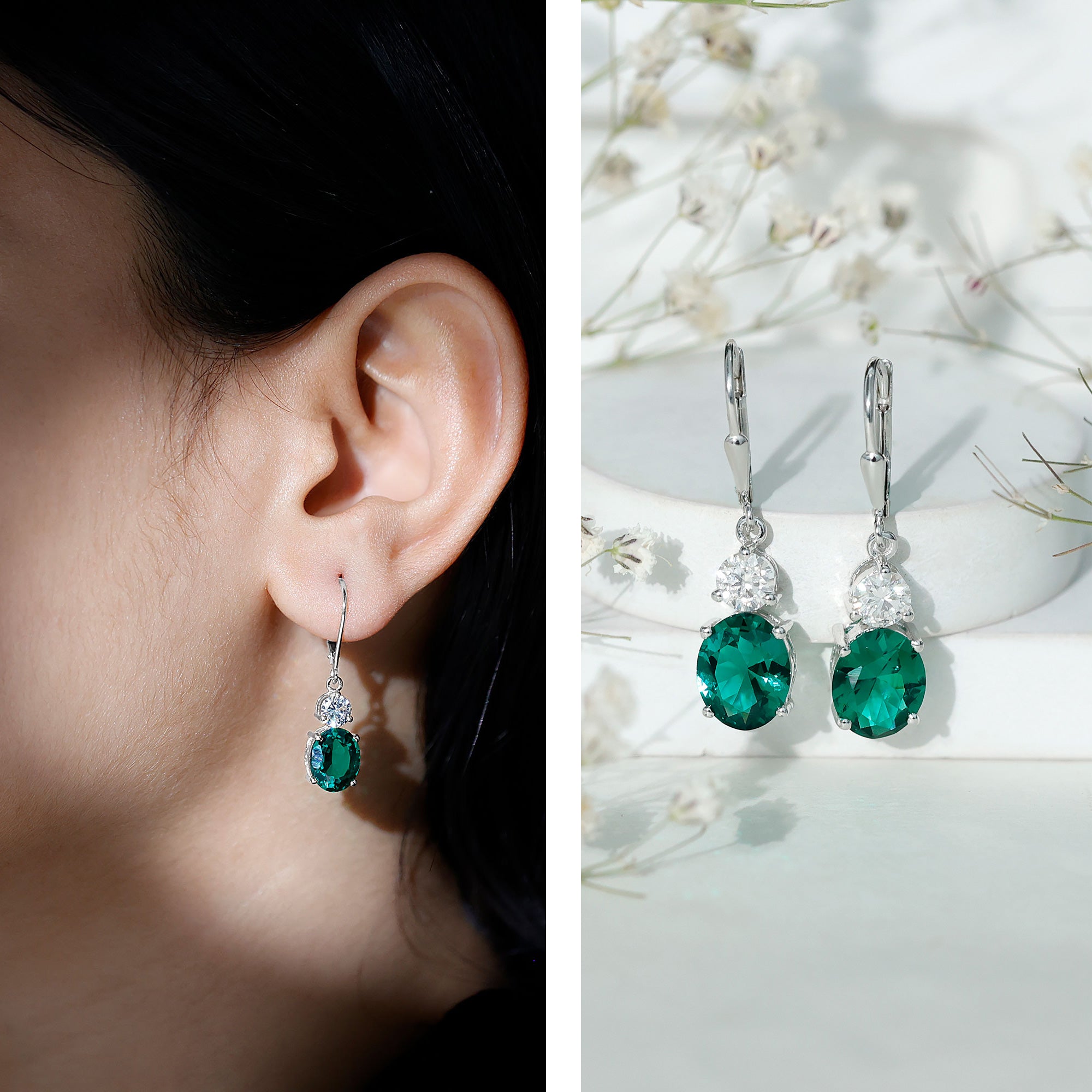 Certified 6 Carat Oval Cut Lab Grown Emerald Drop Hoop Earrings AAAA 92.5 Sterling Silver - Rosec Jewels