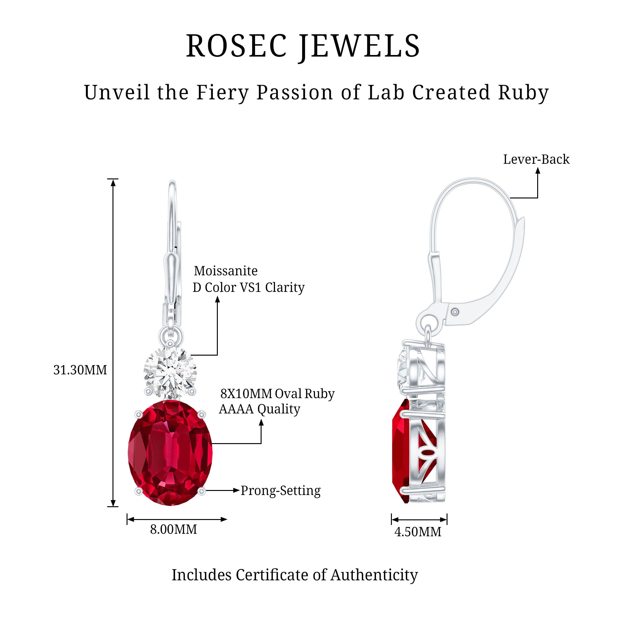 Oval Shape Lab Created Ruby Dangle Drop Earrings with Moissanite AAAA - Rosec Jewels