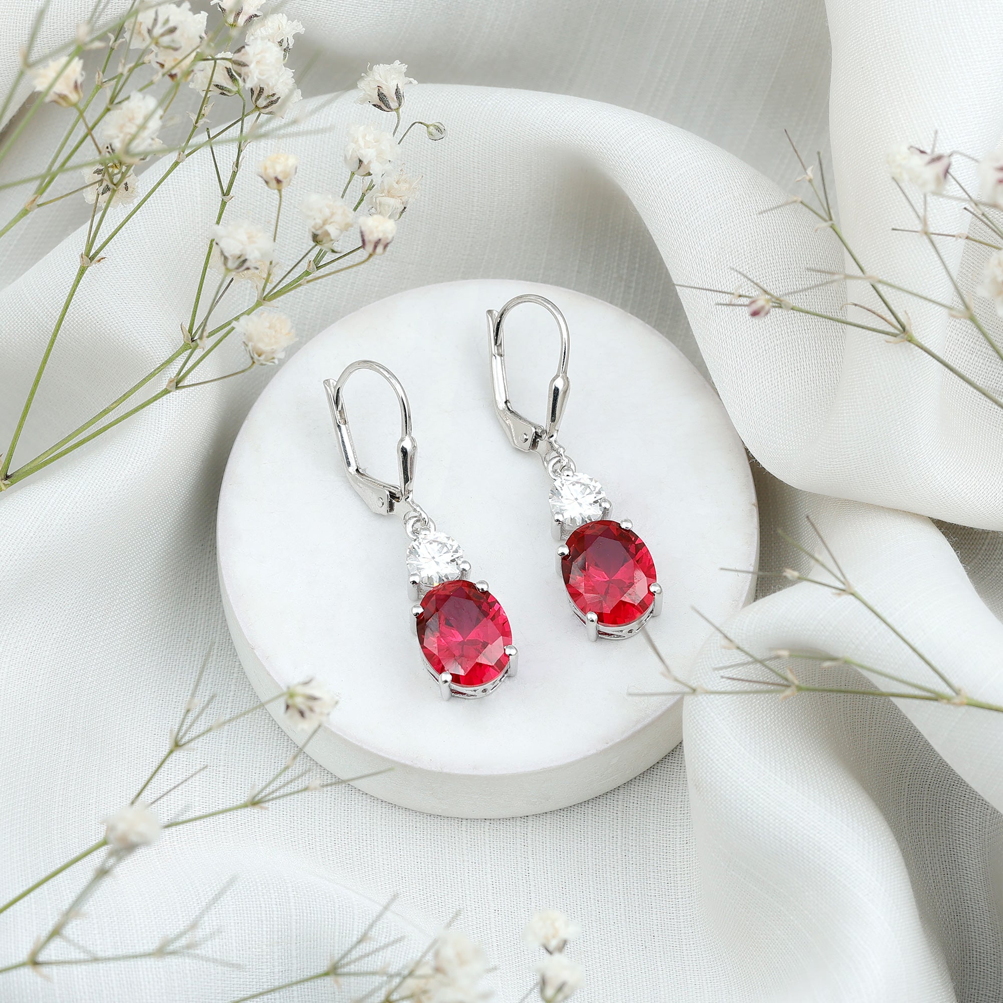 Oval Shape Lab Created Ruby Dangle Drop Earrings with Moissanite AAAA - Rosec Jewels