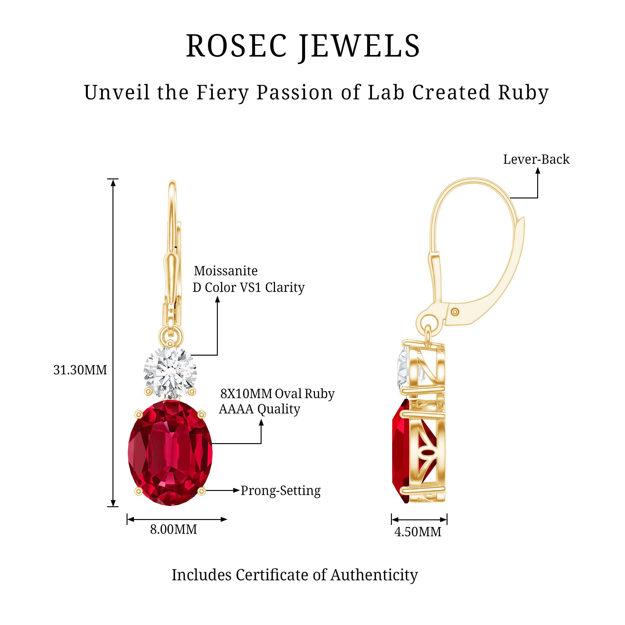Oval Shape Lab Created Ruby Dangle Drop Earrings with Moissanite AAAA - Rosec Jewels