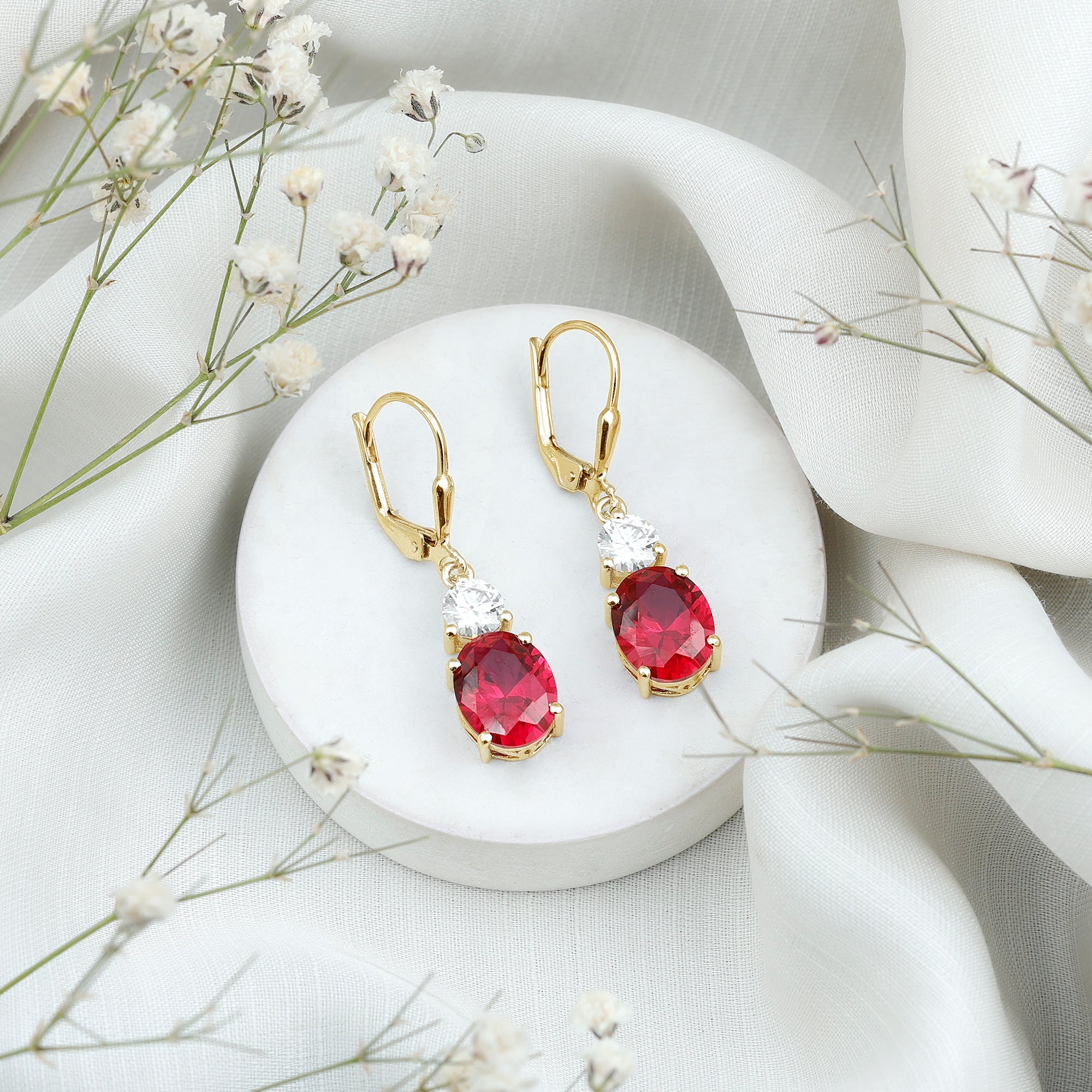 Oval Shape Lab Created Ruby Dangle Drop Earrings with Moissanite AAAA - Rosec Jewels