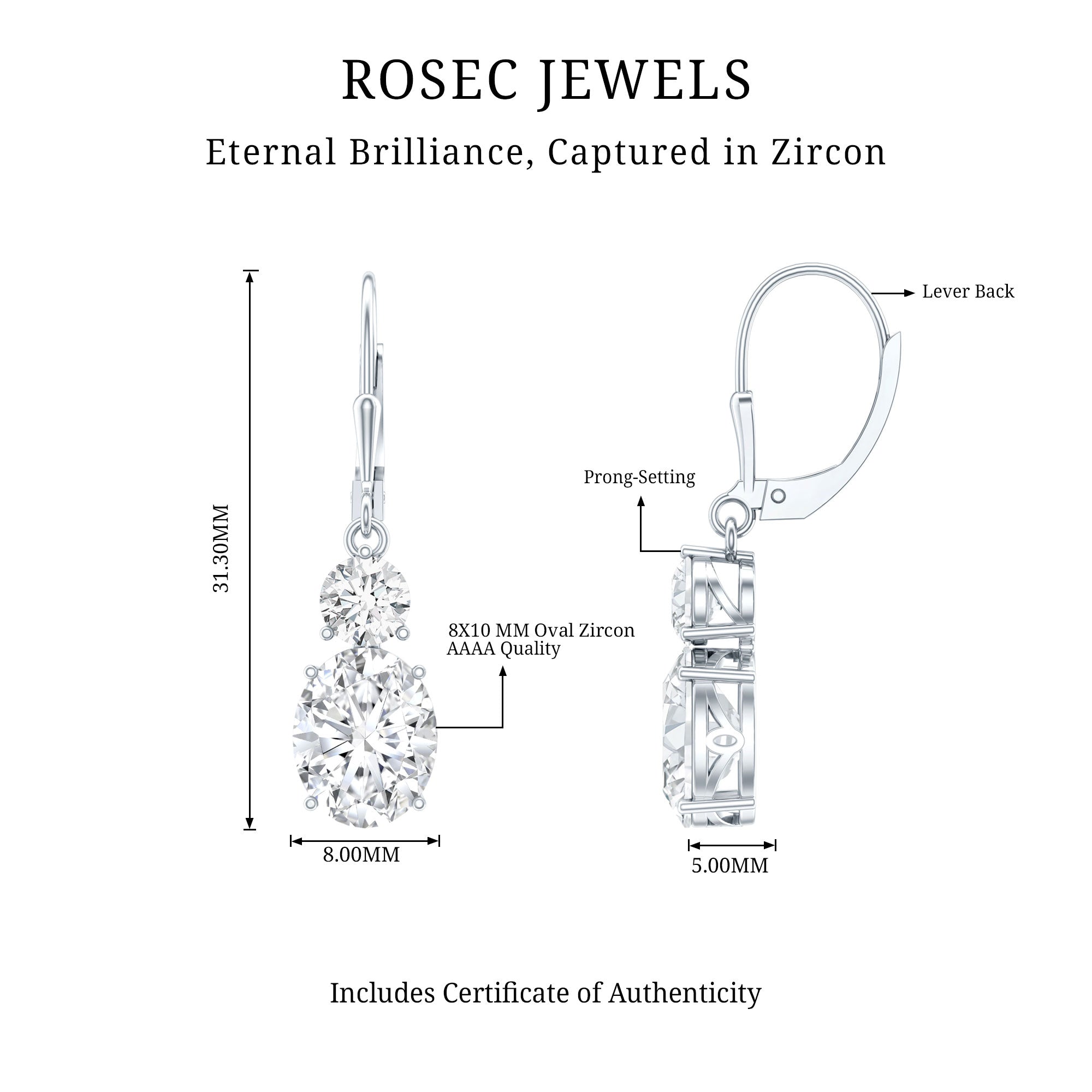 Minimal Zircon 2 Stone Drop Earrings with Lever Back AAAA - Rosec Jewels