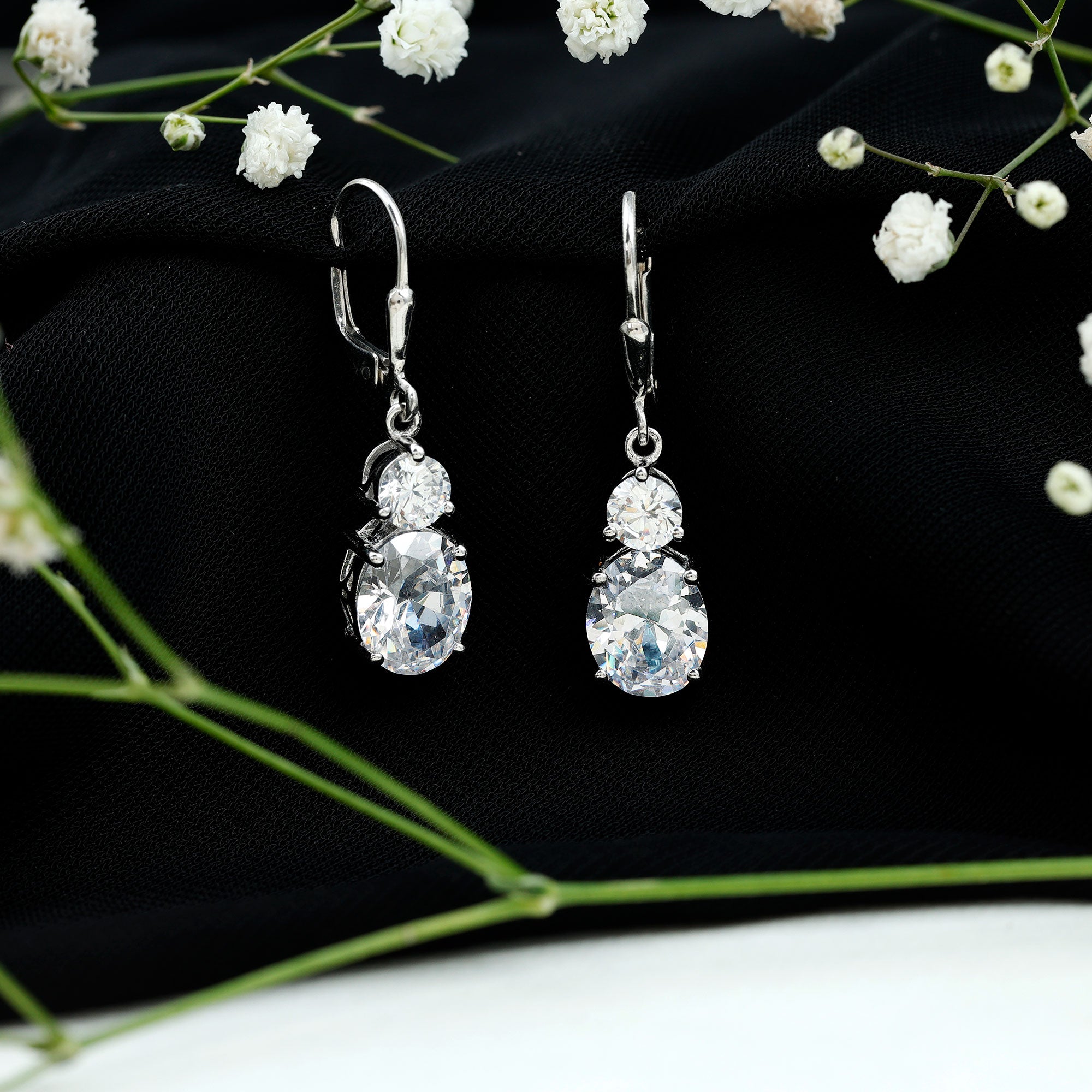 Minimal Zircon 2 Stone Drop Earrings with Lever Back AAAA - Rosec Jewels