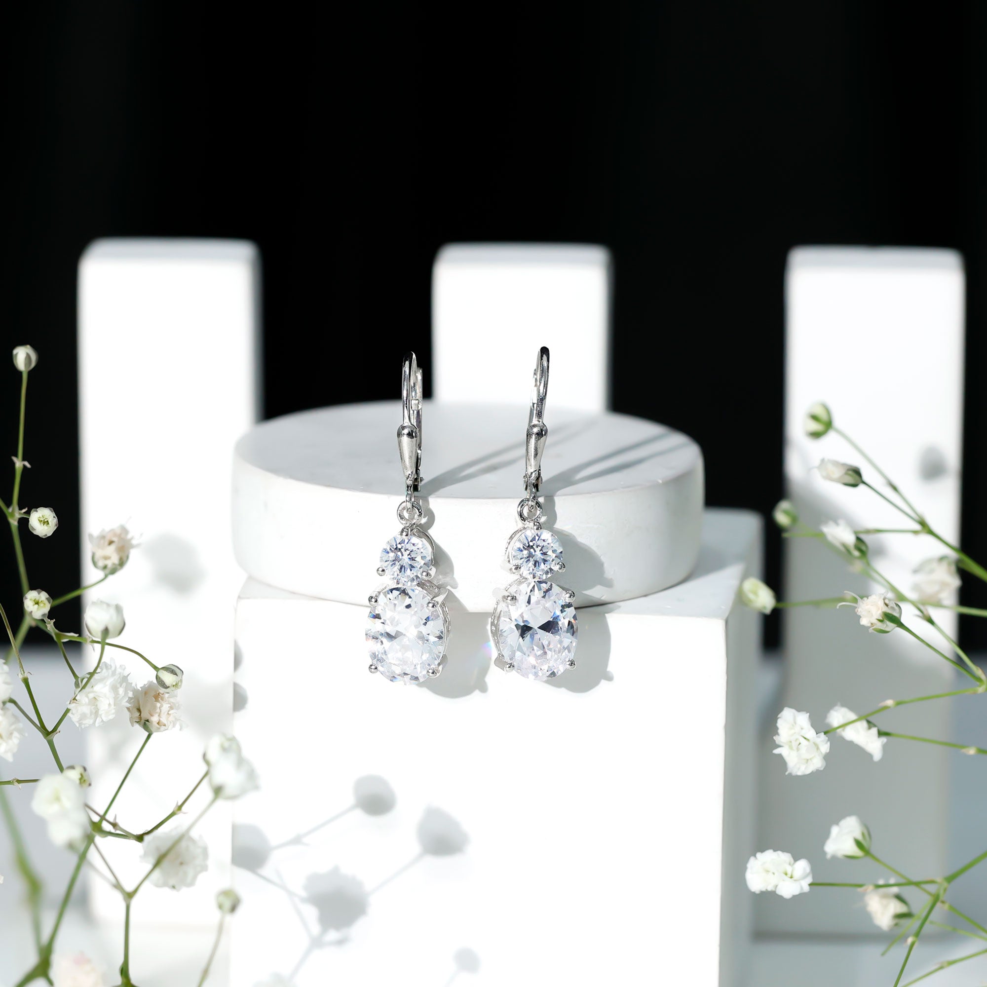 Minimal Zircon 2 Stone Drop Earrings with Lever Back AAAA - Rosec Jewels