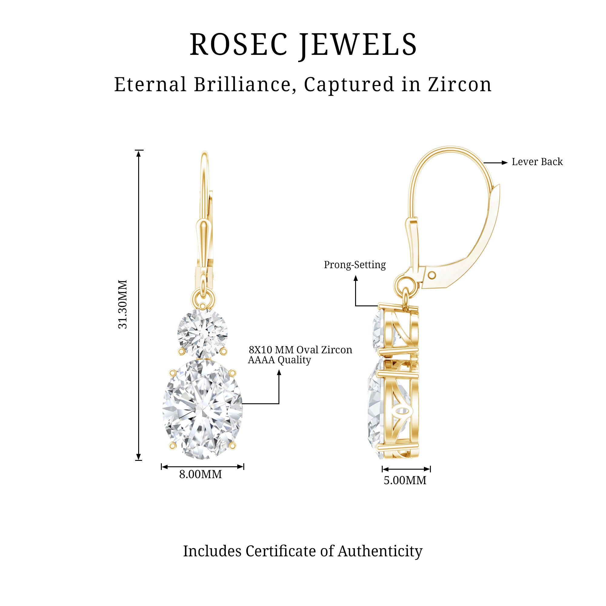 Minimal Zircon 2 Stone Drop Earrings with Lever Back AAAA - Rosec Jewels