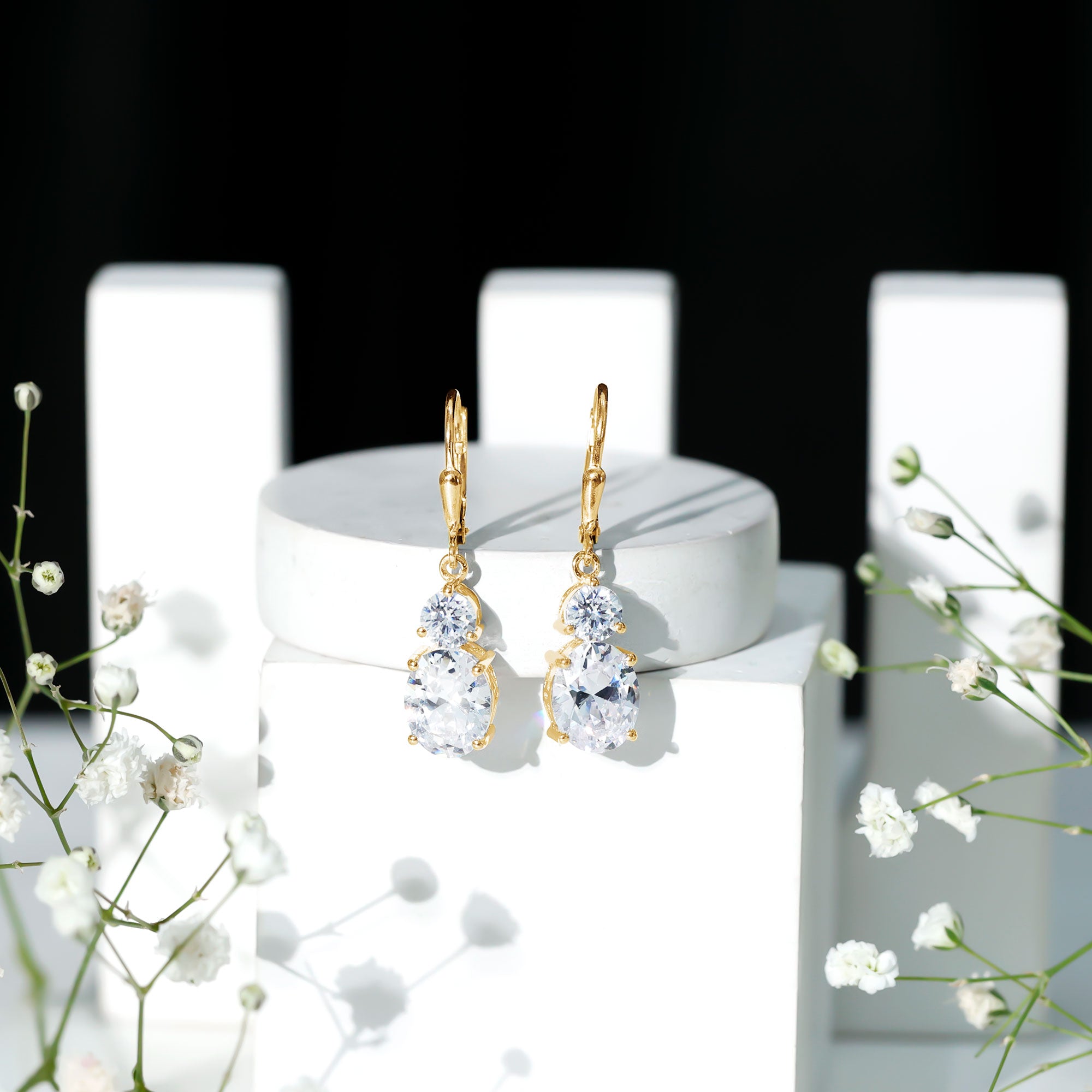 Minimal Zircon 2 Stone Drop Earrings with Lever Back AAAA - Rosec Jewels