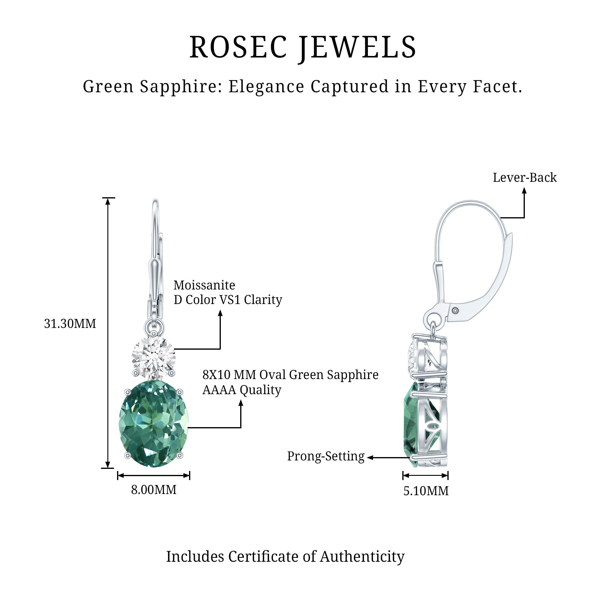 8 Carat Lab Grown Green Sapphire Drop Hoop Earrings with Certificate AAAA 92.5 Sterling Silver - Rosec Jewels