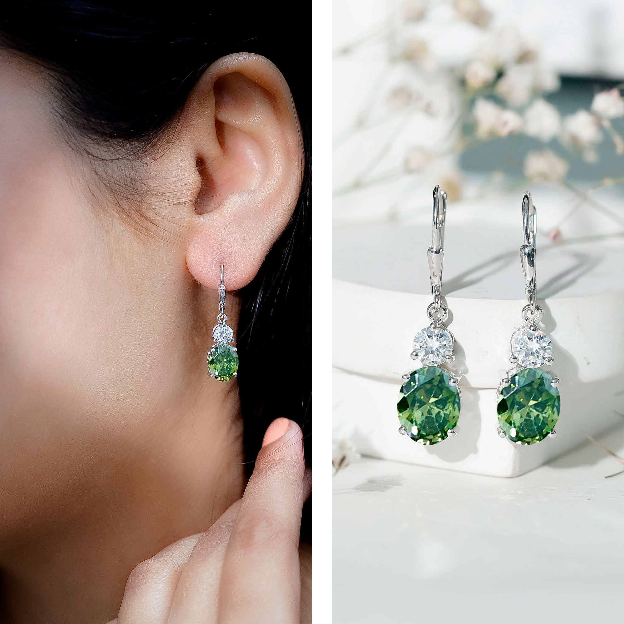 8 Carat Lab Grown Green Sapphire Drop Hoop Earrings with Certificate AAAA 92.5 Sterling Silver - Rosec Jewels