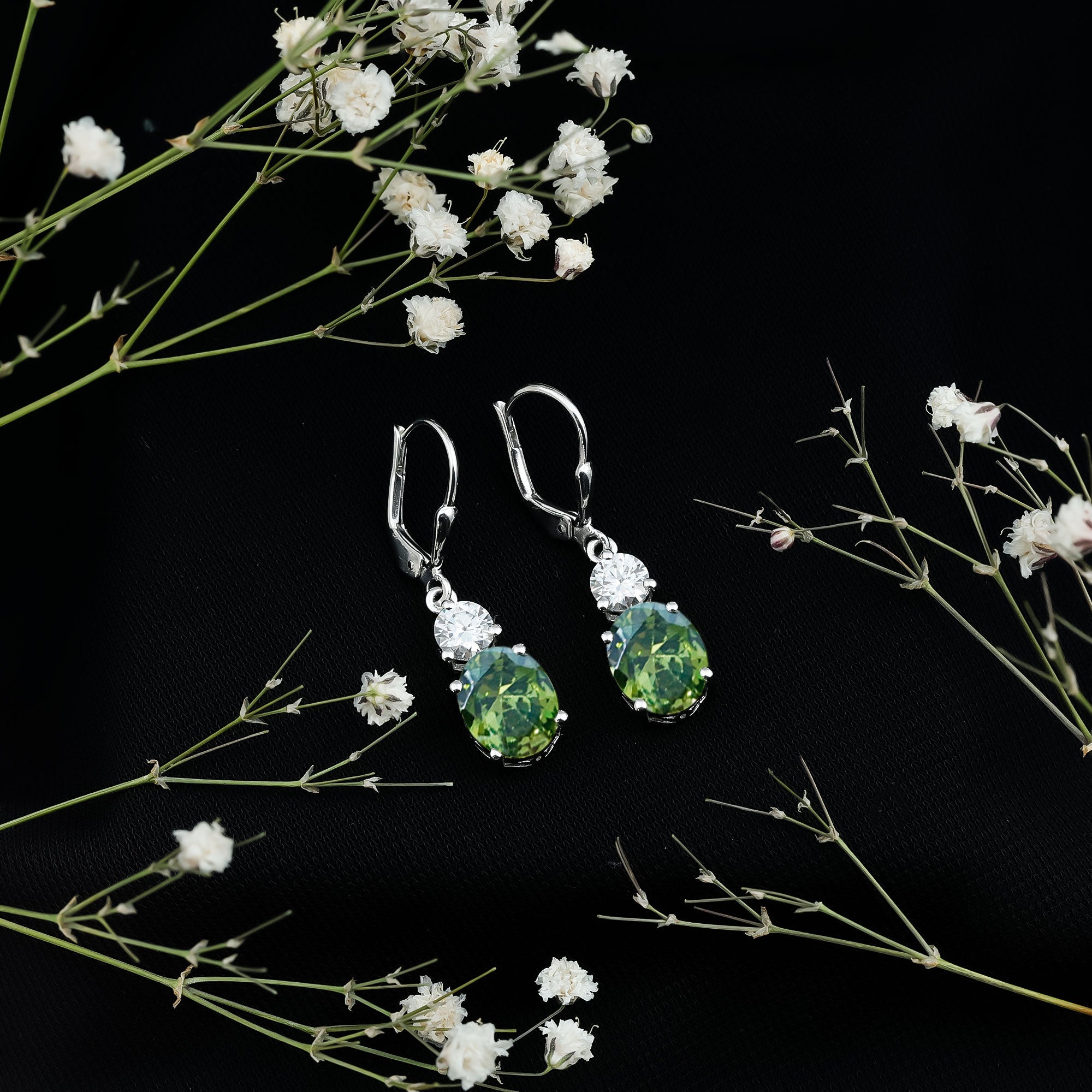 8 Carat Lab Grown Green Sapphire Drop Hoop Earrings with Certificate AAAA 92.5 Sterling Silver - Rosec Jewels