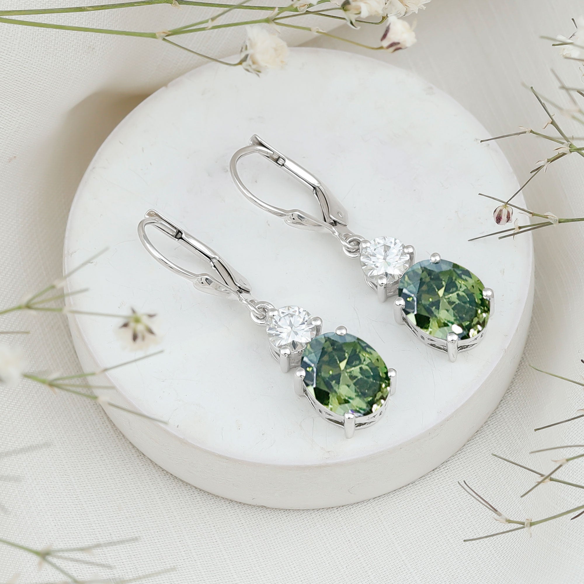 8 Carat Lab Grown Green Sapphire Drop Hoop Earrings with Certificate AAAA 92.5 Sterling Silver - Rosec Jewels