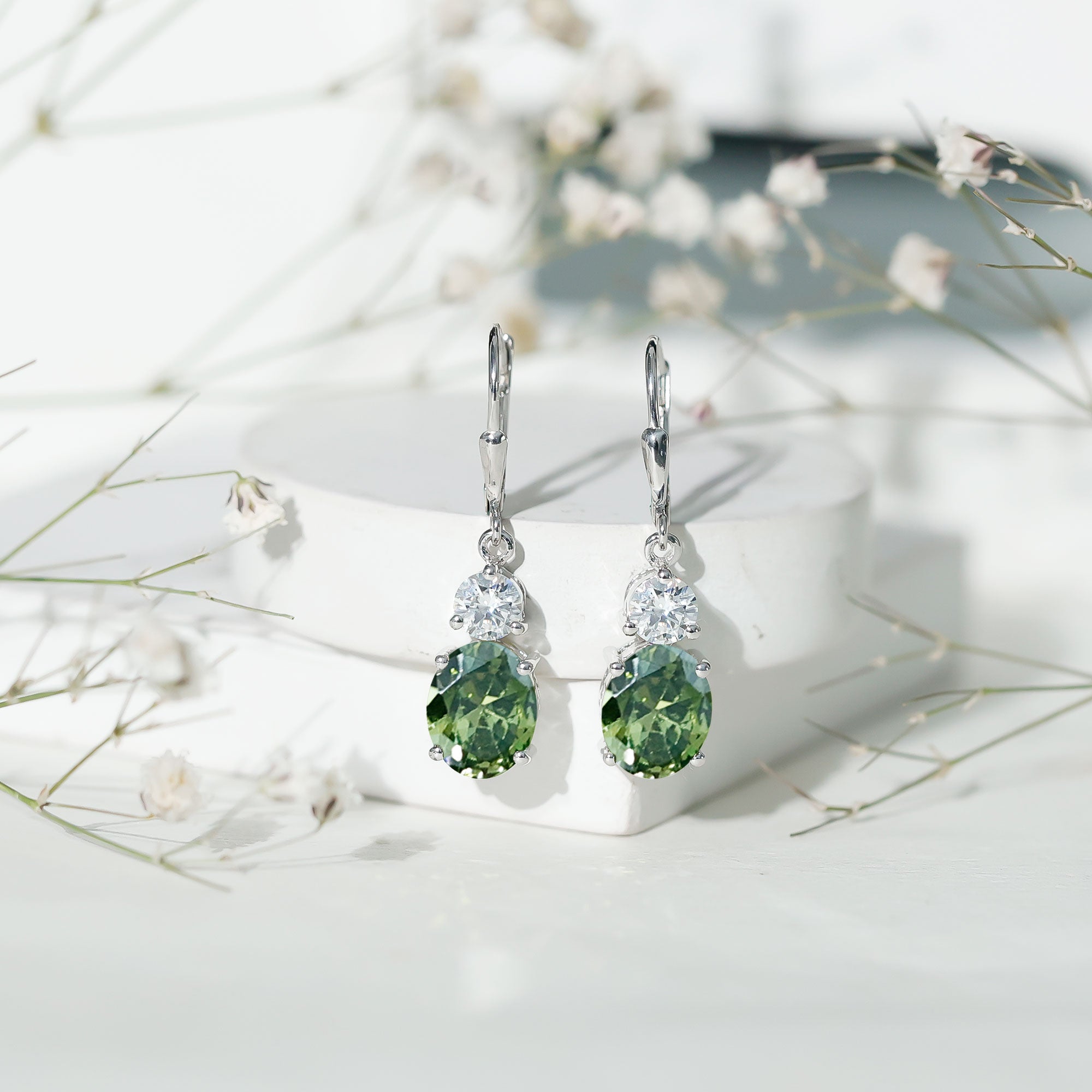 8 Carat Lab Grown Green Sapphire Drop Hoop Earrings with Certificate AAAA 92.5 Sterling Silver - Rosec Jewels