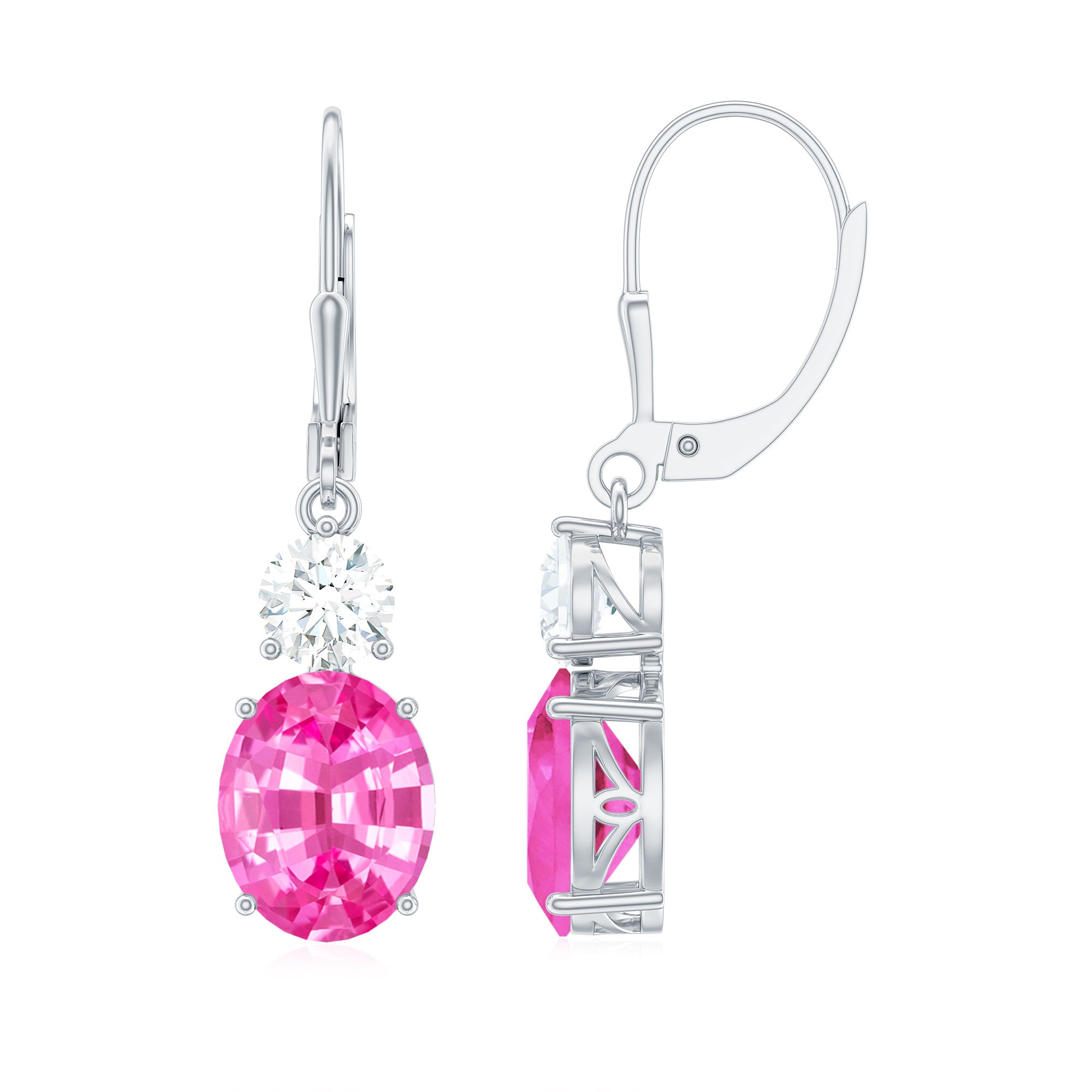 Lab Grown Pink Sapphire and Moissanite Drop Earrings With Leverback