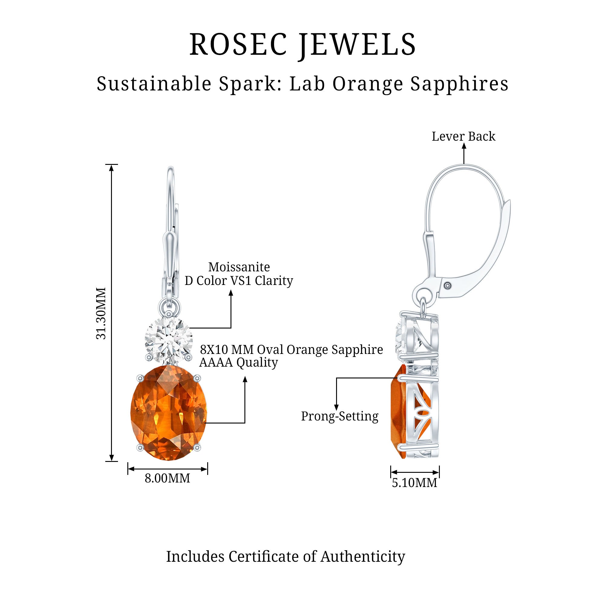 Certified Lab Grown Orange Sapphire And Moissanite Drop Dangle Earrings AAAA - Rosec Jewels