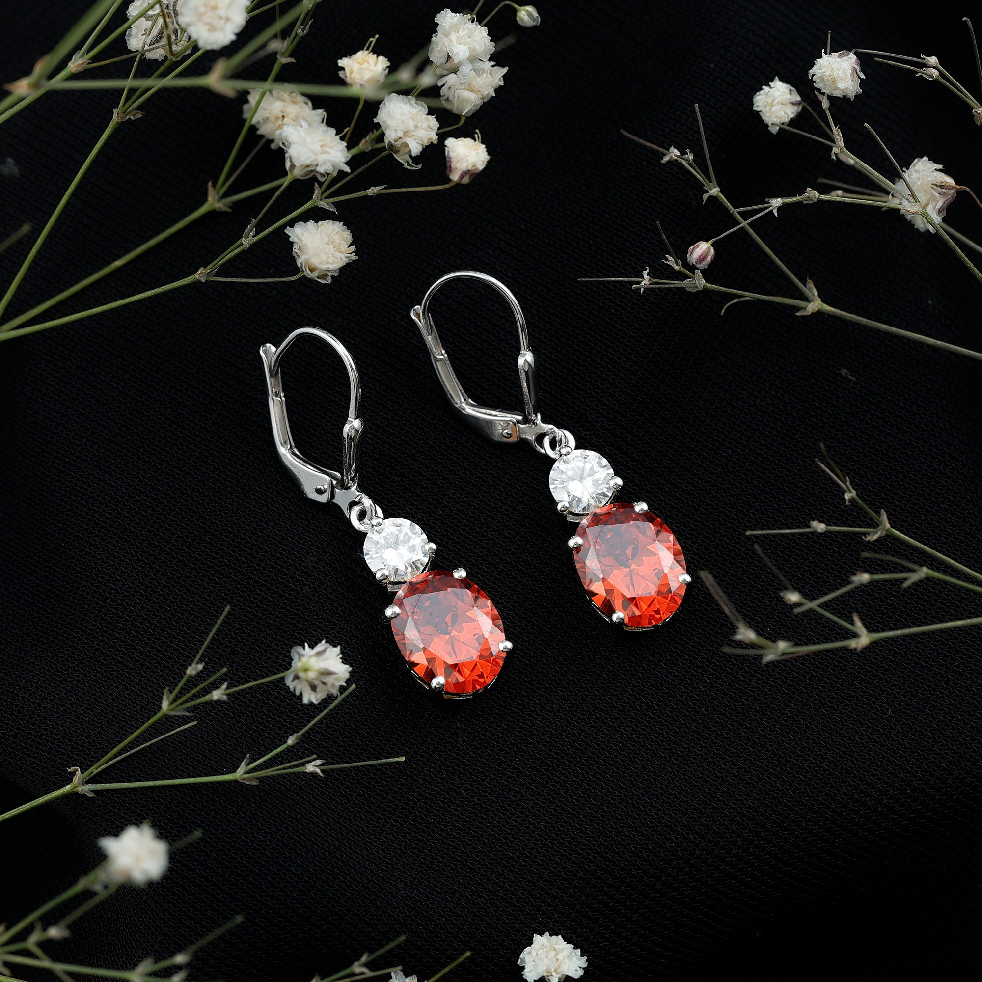 Certified 8 Carat Lab Grown Orange Sapphire Drop Earrings with Moissanite AAAA 92.5 Sterling Silver - Rosec Jewels