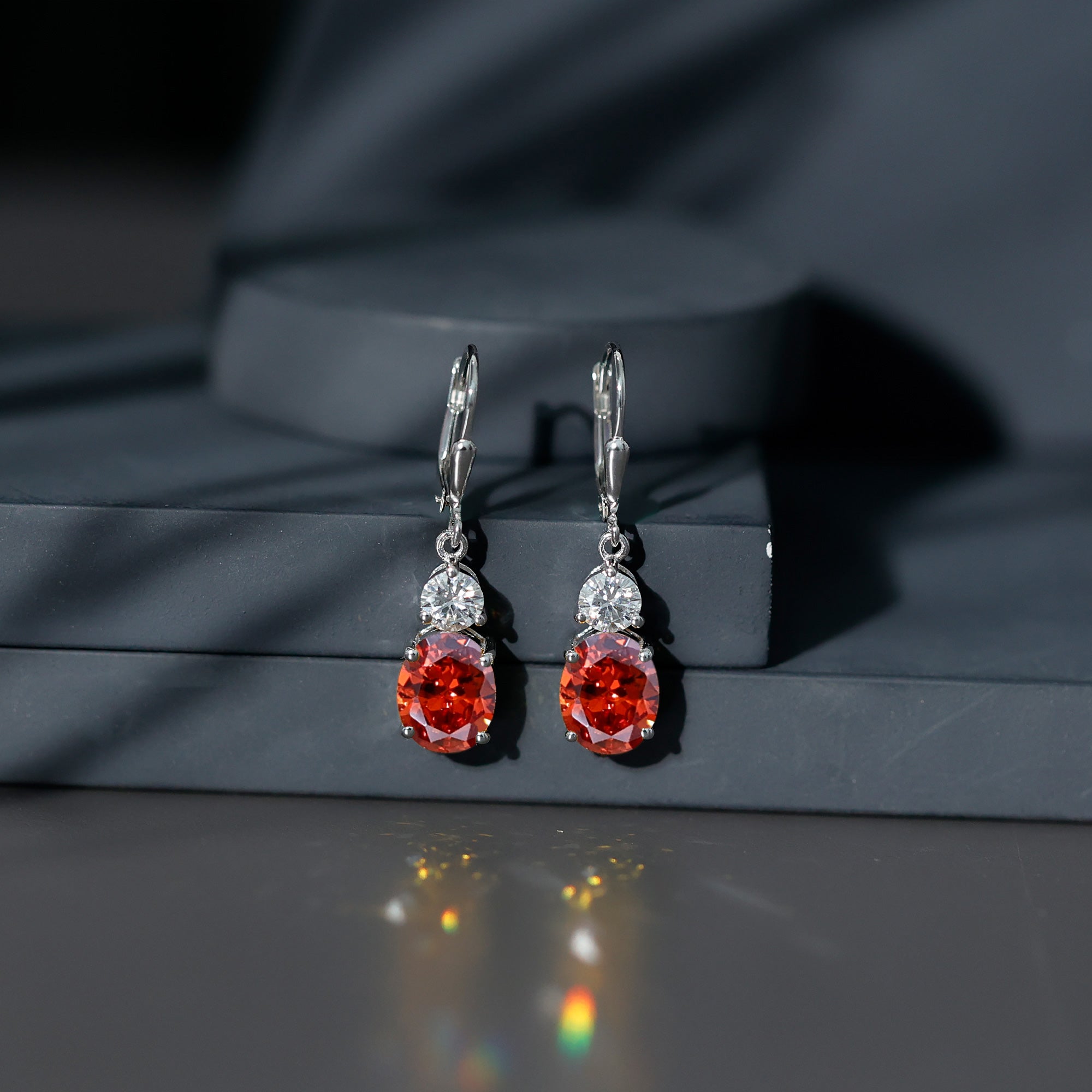 Certified 8 Carat Lab Grown Orange Sapphire Drop Earrings with Moissanite AAAA 92.5 Sterling Silver - Rosec Jewels