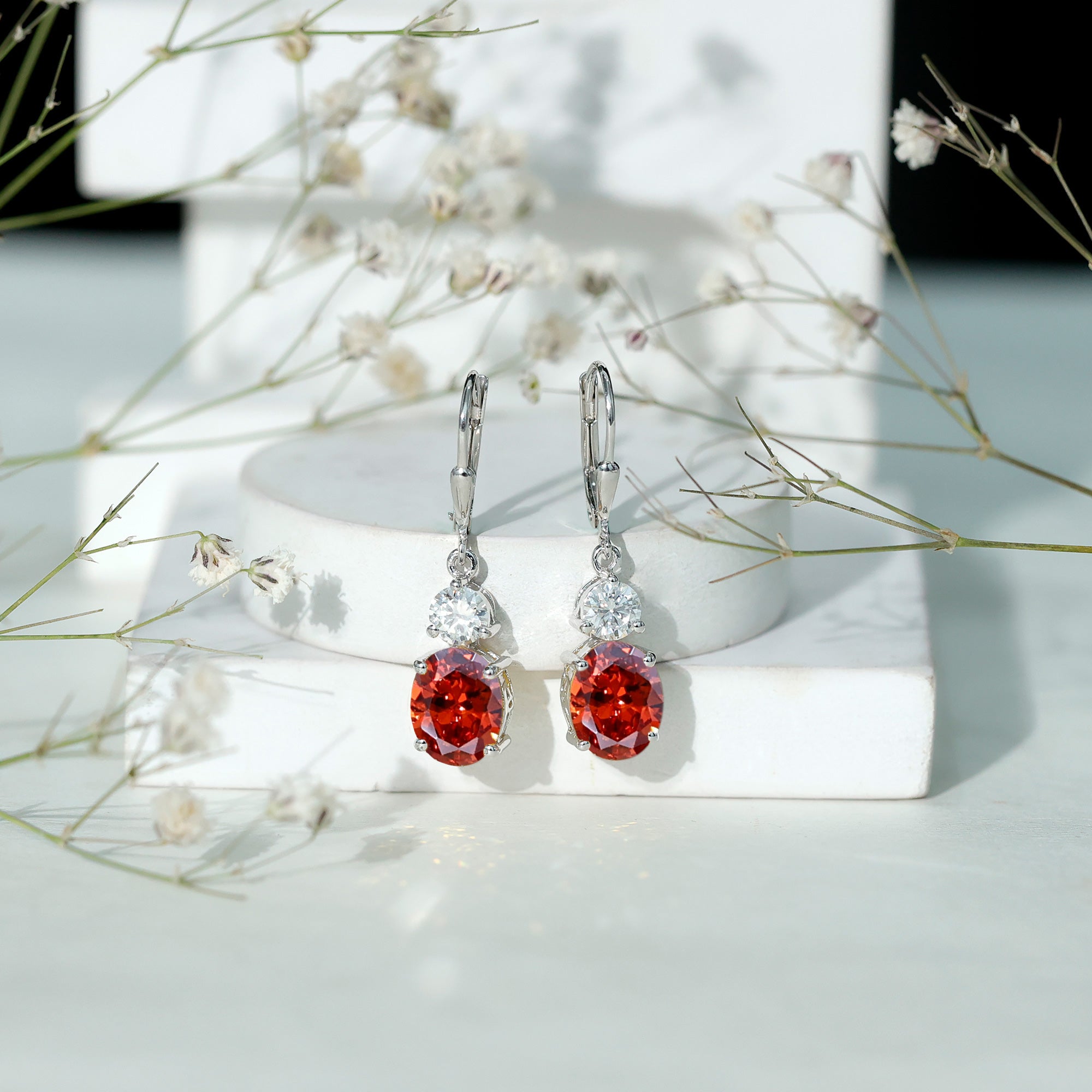 Certified Lab Grown Orange Sapphire And Moissanite Drop Dangle Earrings AAAA - Rosec Jewels
