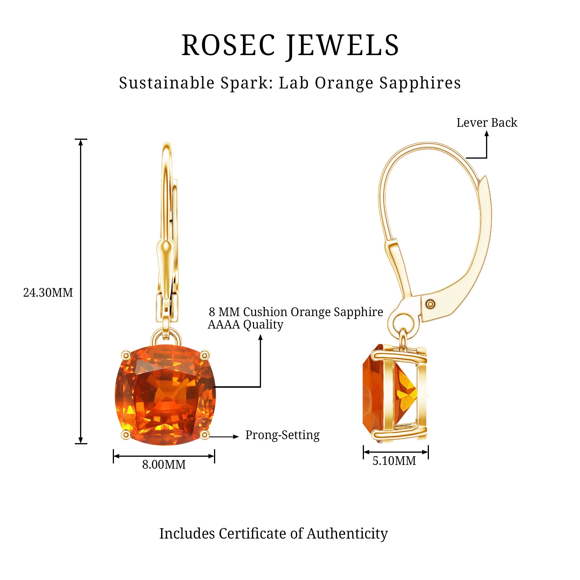 5.5 CT Cushion Cut Lab Created Orange Sapphire Drop Earrings AAAA - Rosec Jewels
