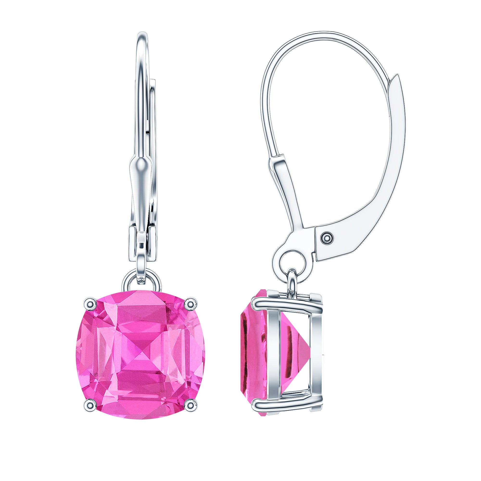 Cushion Cut Lab Created Pink Sapphire Solitaire Drop Earrings with Leverback AAAA - Rosec Jewels