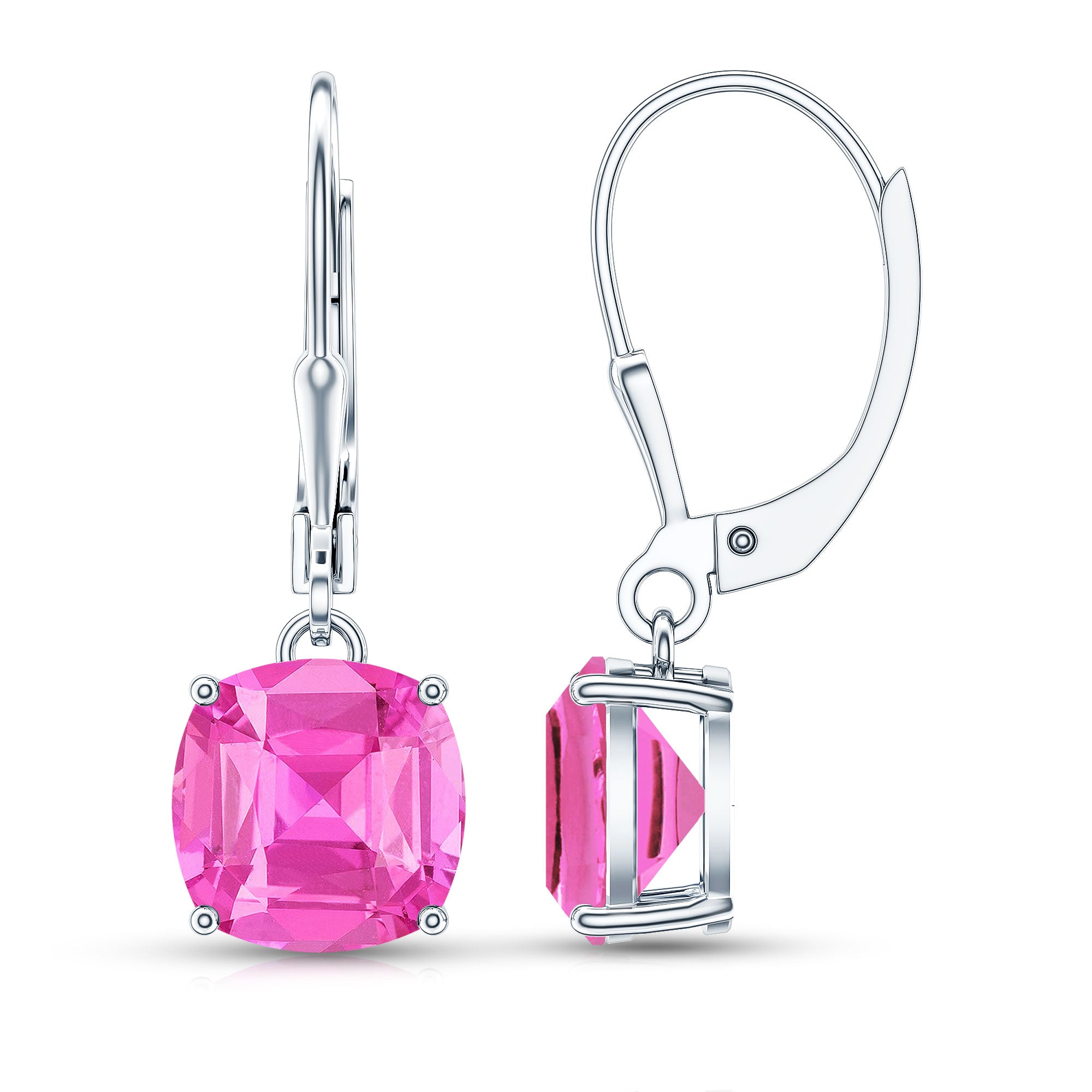 Cushion Cut Lab Created Pink Sapphire Solitaire Drop Earrings with Leverback AAAA - Rosec Jewels
