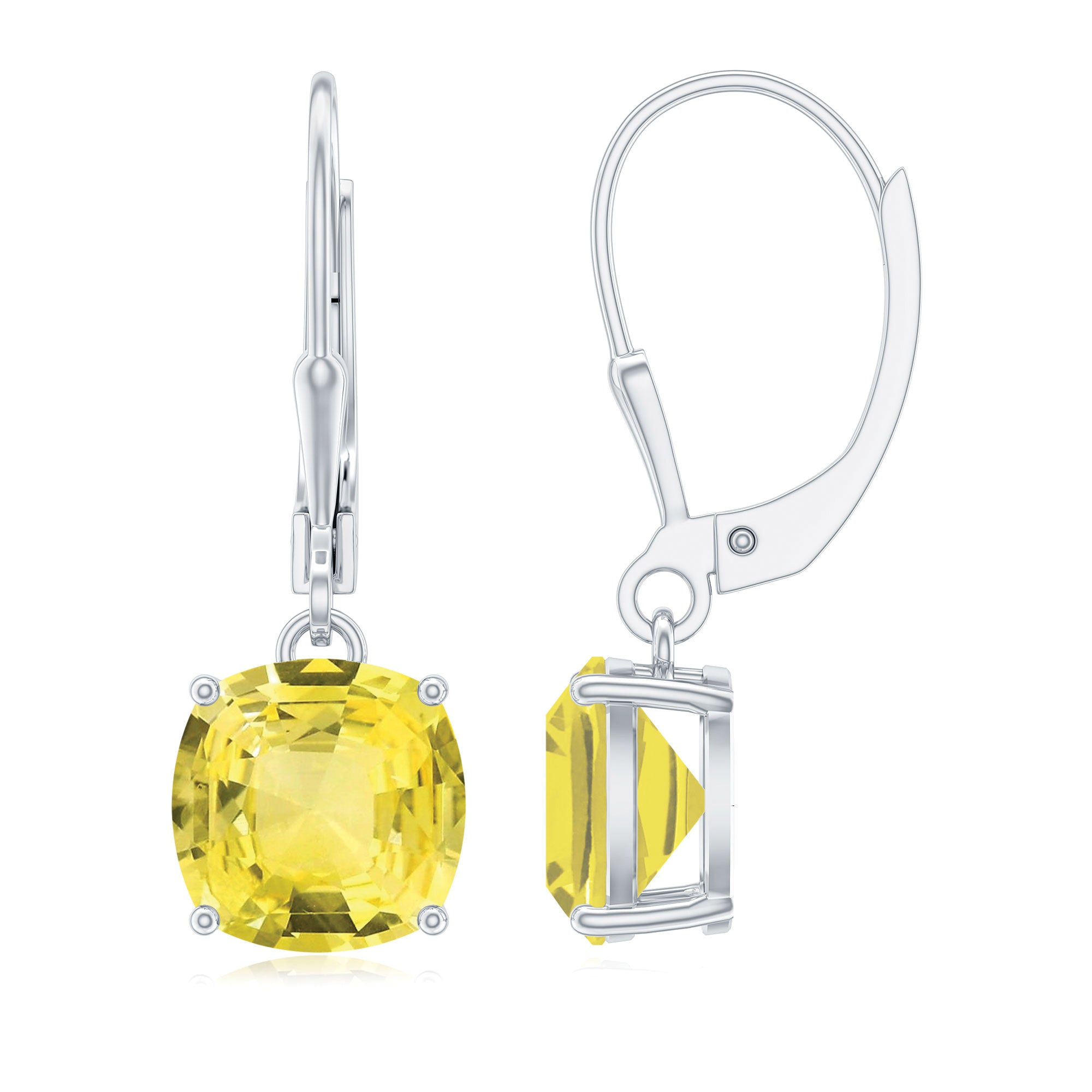 Cushion Cut Lab Created Yellow Sapphire Solitaire Drop Earrings with Leverback