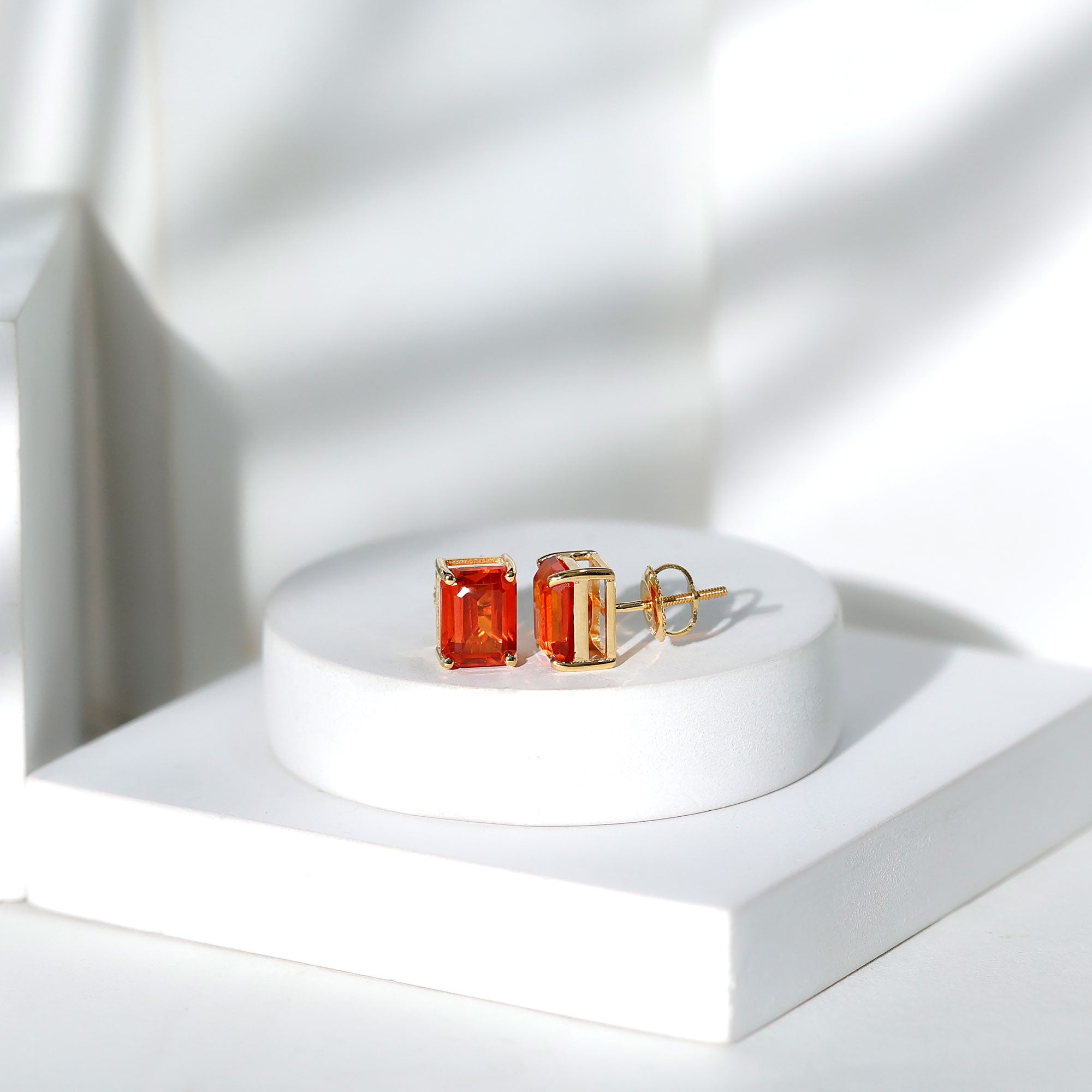 Lab Grown Orange Sapphire Emerald Cut Stud Earrings AAAA - Rosec Jewels
