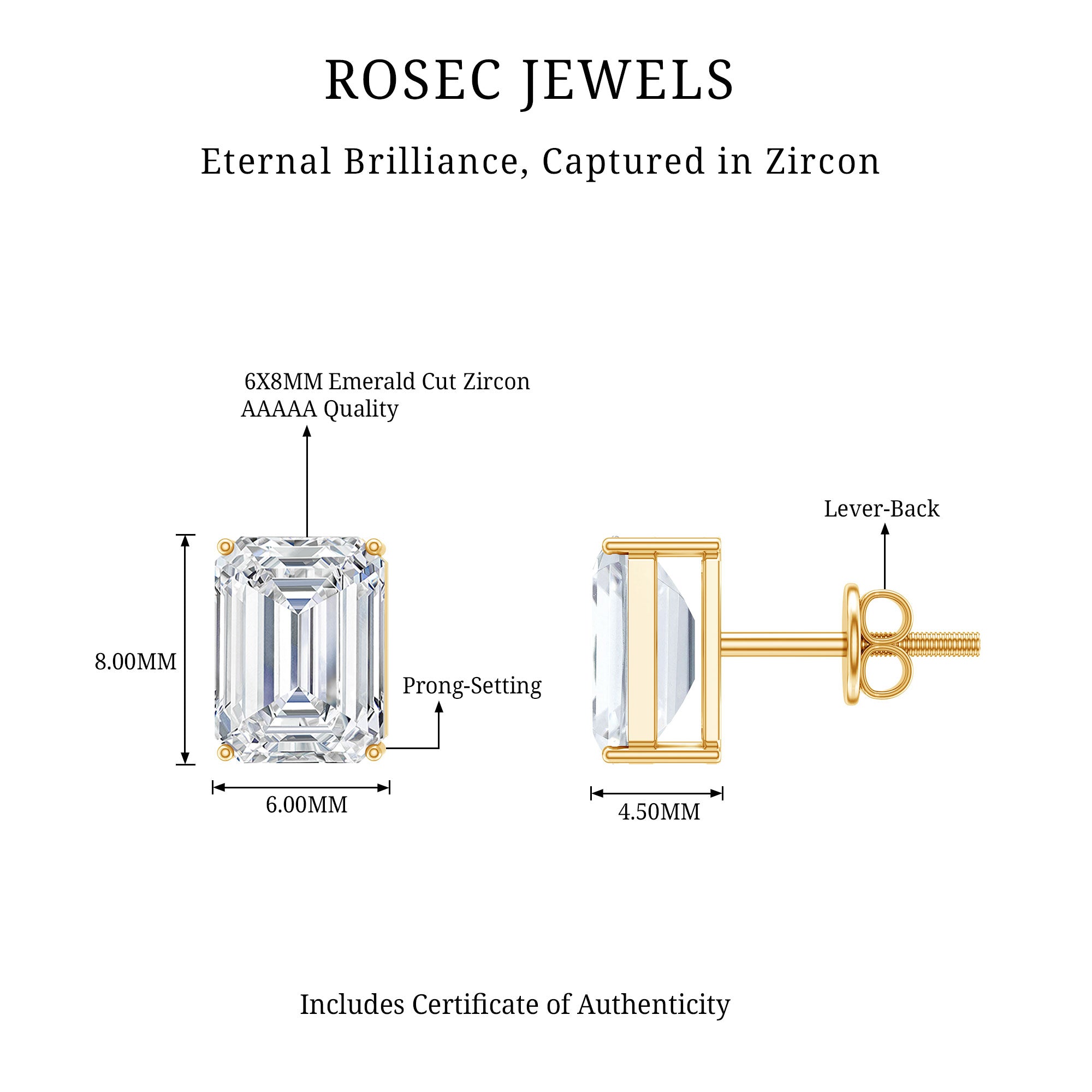 Certified 3.7 Carat Cubic Zirconia Emerald Cut Stud Earrings with Screw Back AAAAA - Rosec Jewels