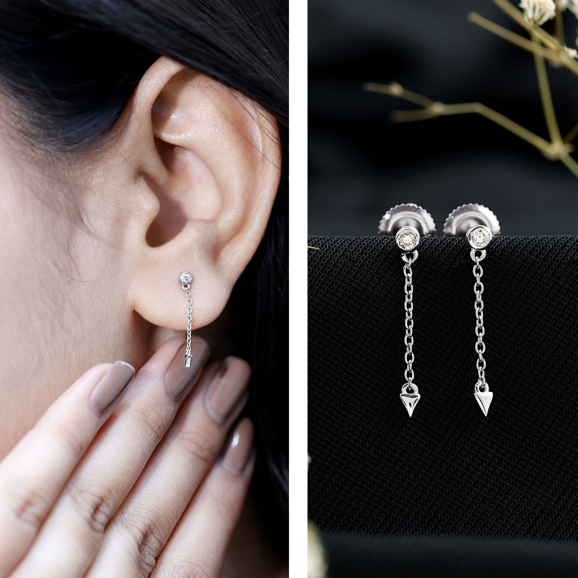 Certified Bezel Set Lab Grown Diamond Long Chain Earrings Lab - ( EF-VS ) - Rosec Jewels